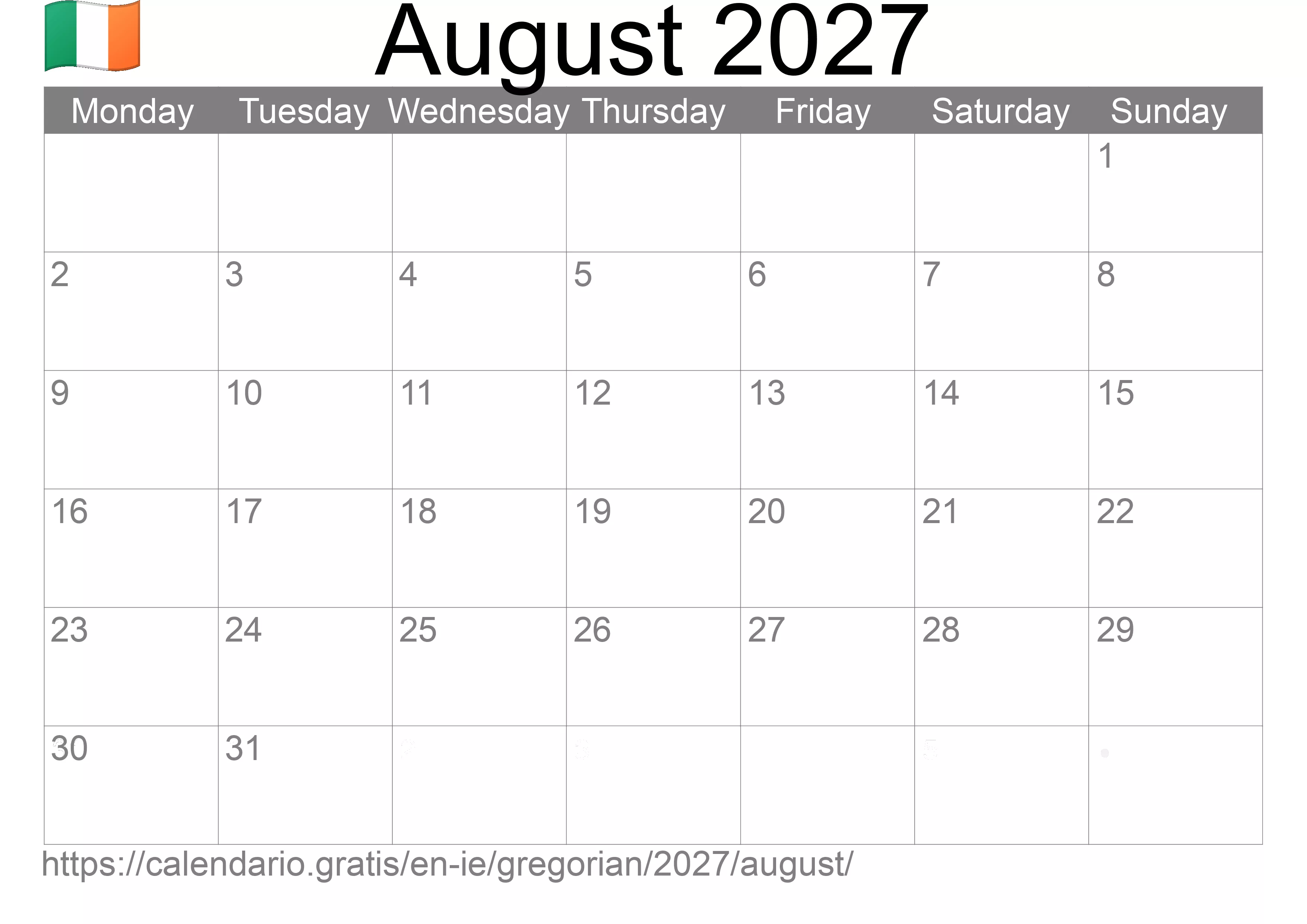 Calendar August 2027 to print (Ireland) Calendar August 2027 to print (Ireland)