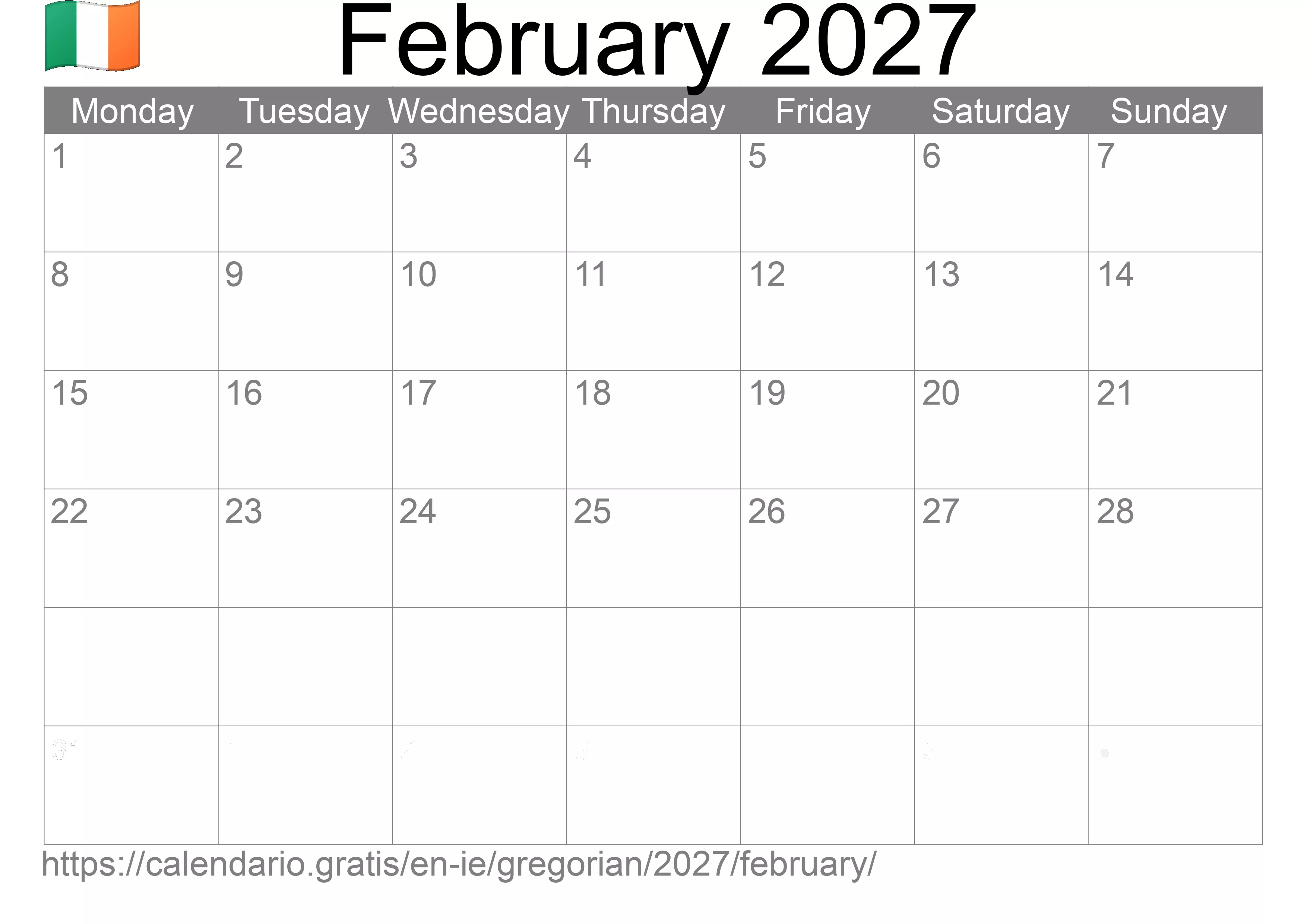 Calendar February 2027 to print (Ireland) Calendar February 2027 to print (Ireland)