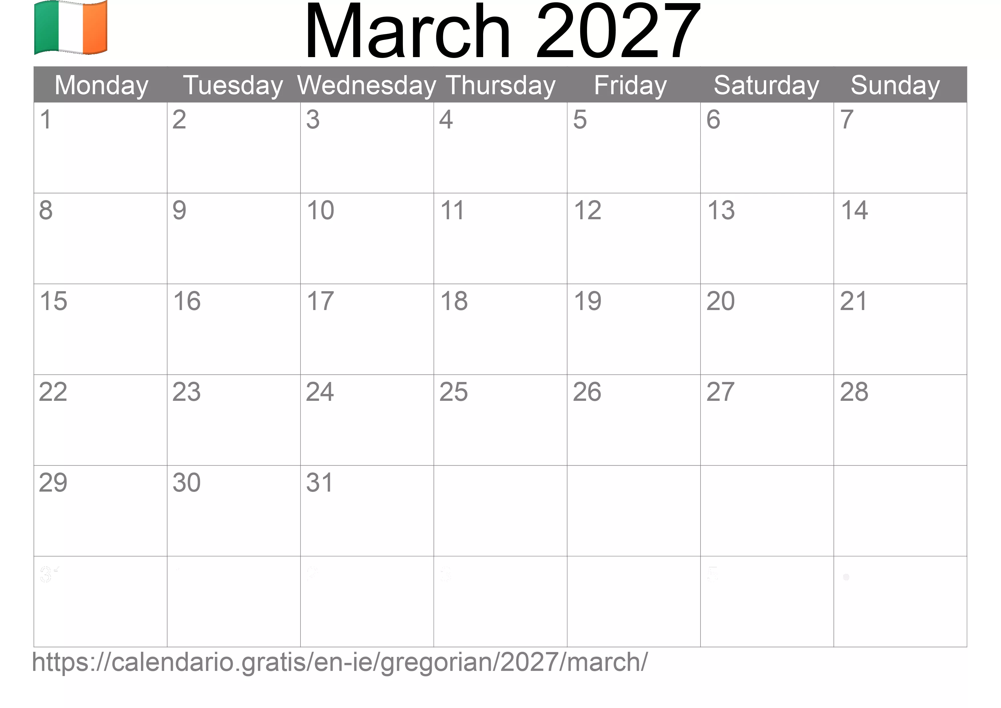 Calendar March 2027 to print (Ireland) Calendar March 2027 to print (Ireland)