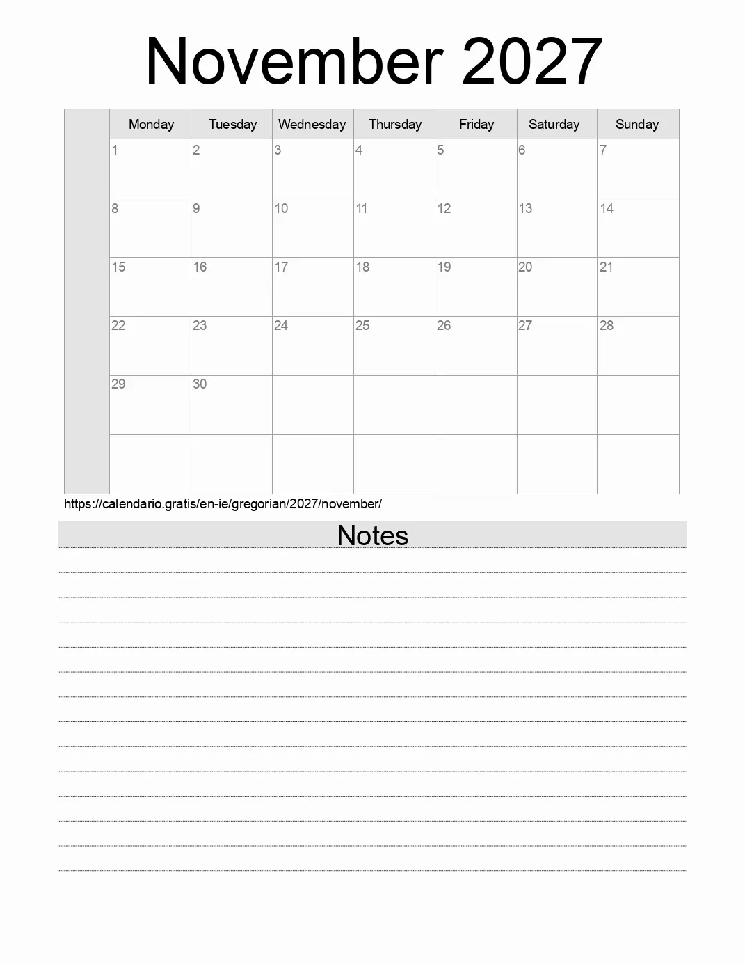Calendar for printing with notes for 2027 November . (Ireland)