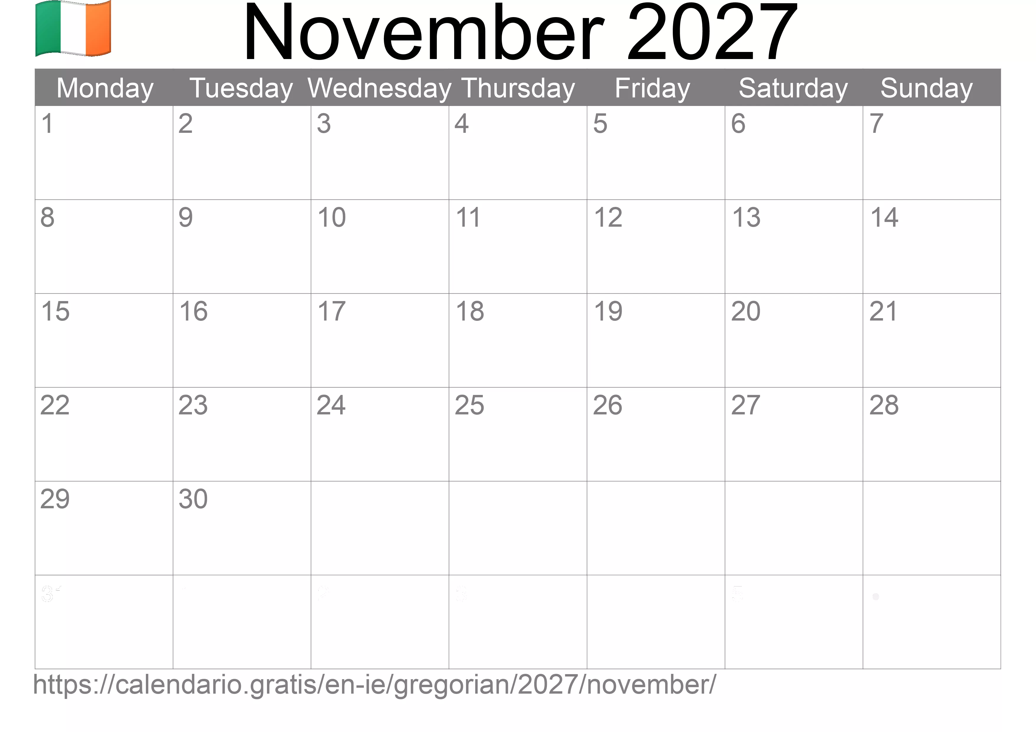 Calendar November 2027 to print (Ireland)