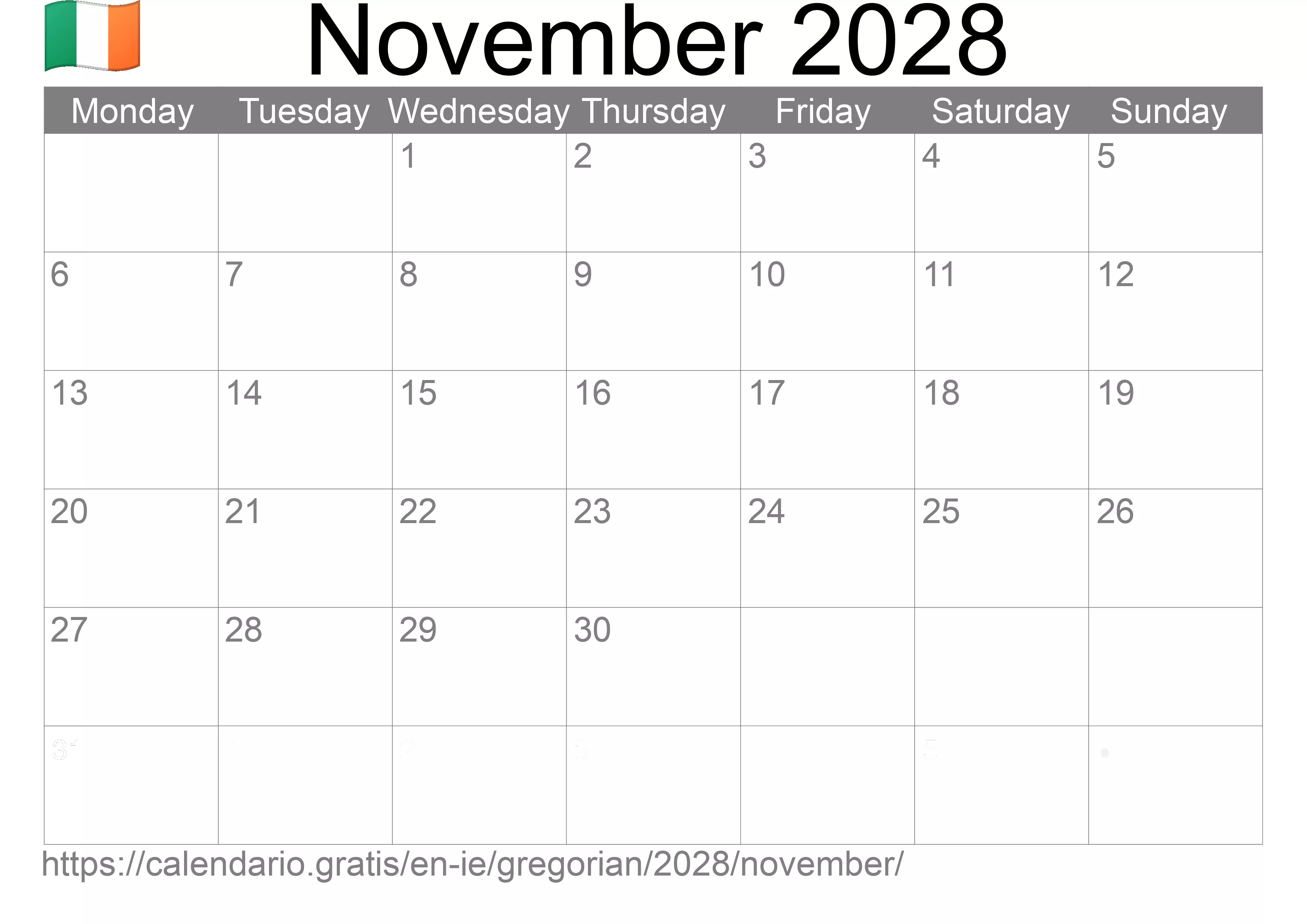 Calendar November 2028 to print (Ireland)
