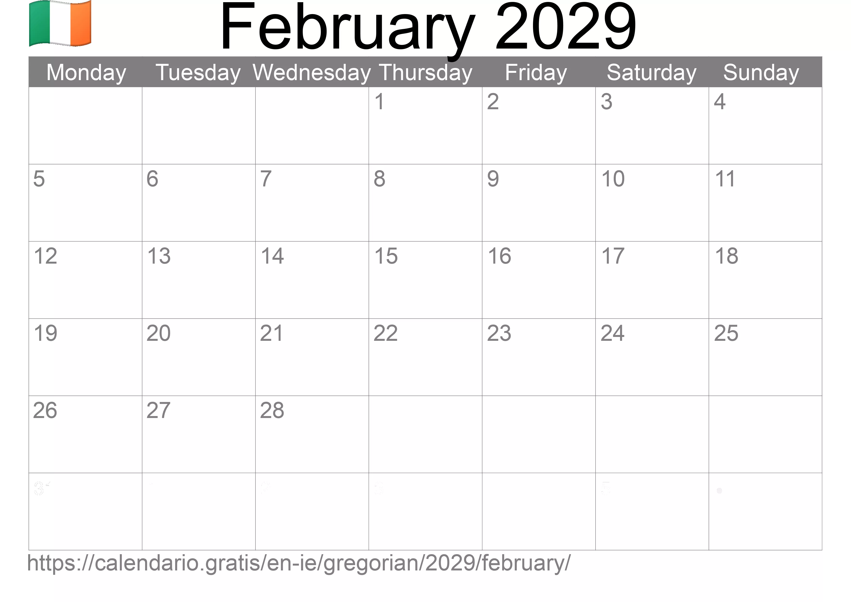 Calendar February 2029 to print (Ireland) Calendar February 2029 to print (Ireland)