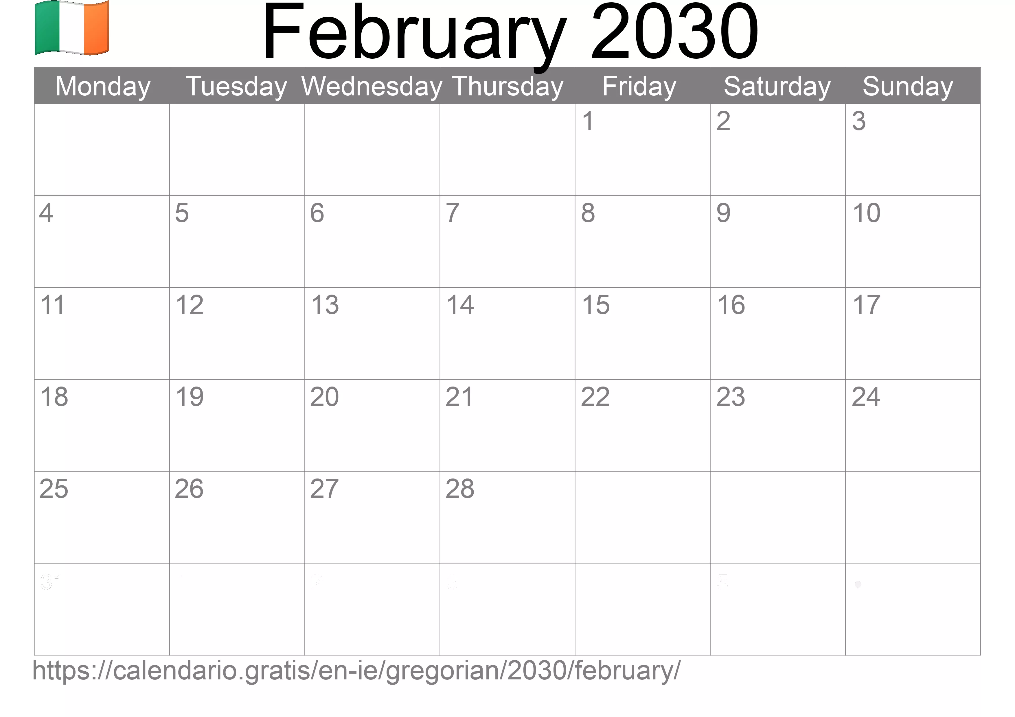 Calendar February 2030 to print (Ireland) Calendar February 2030 to print (Ireland)