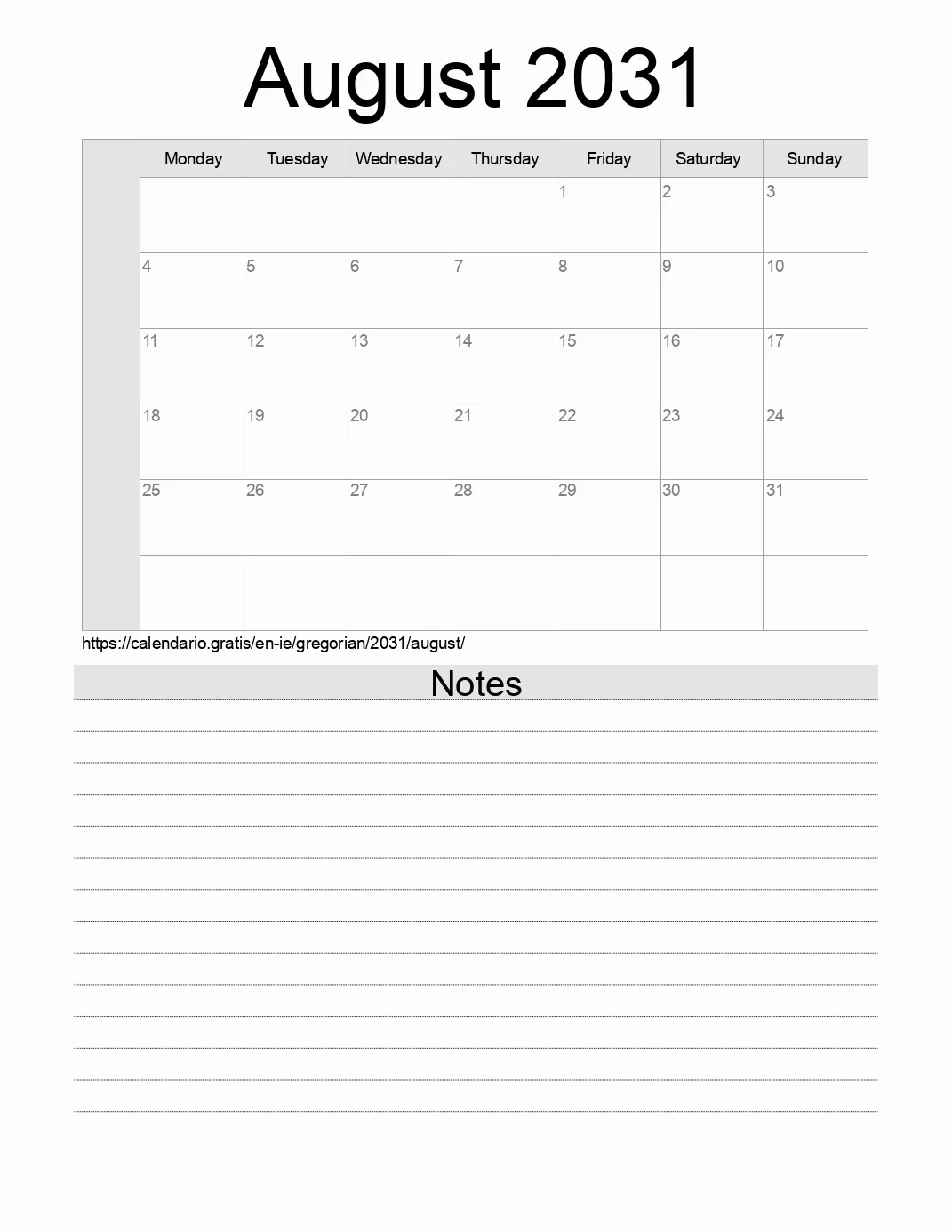 Calendar for printing with notes for 2031 August . (Ireland) Calendar for printing with notes for 2031 August . (Ireland)