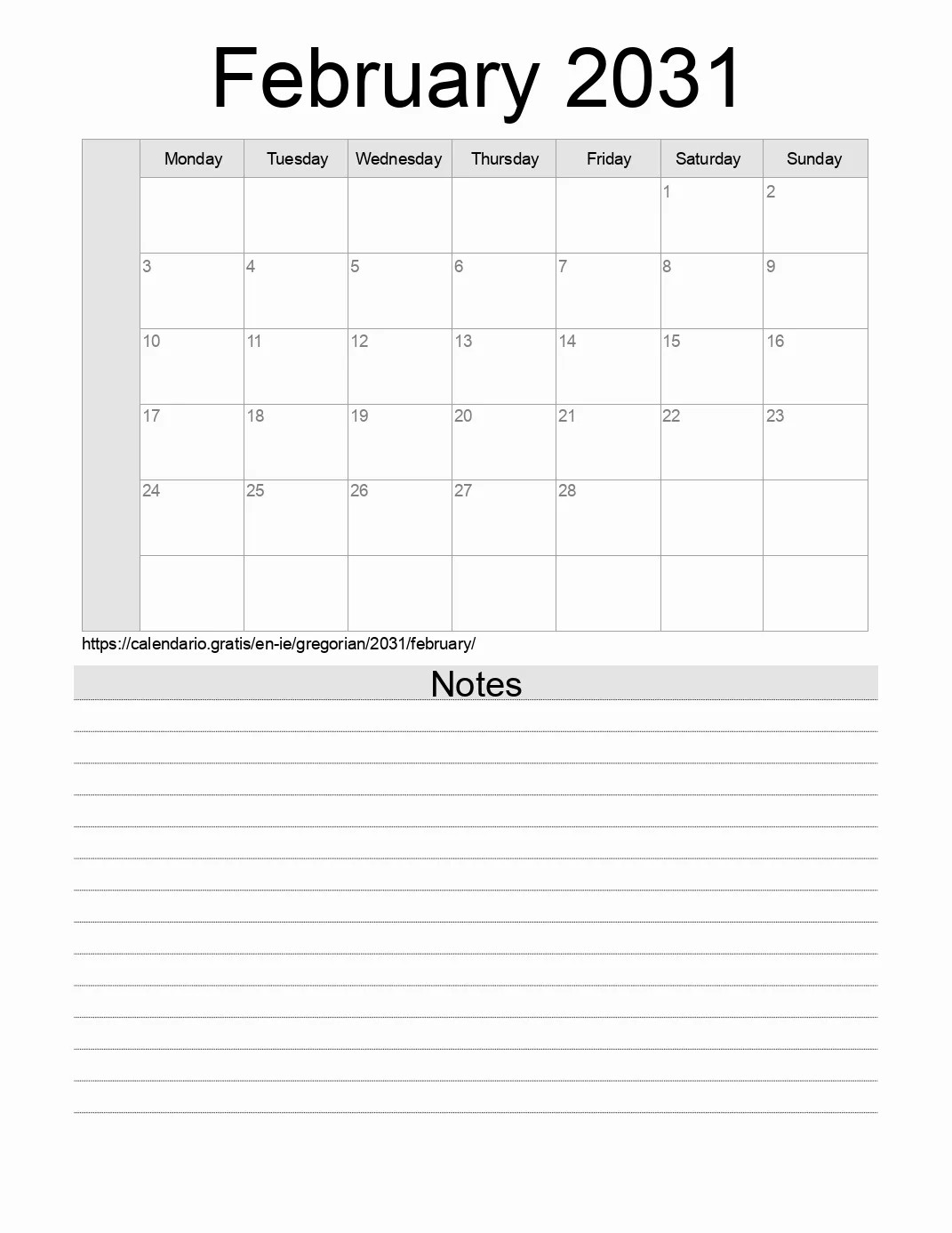 Calendar for printing with notes for 2031 February . (Ireland) Calendar for printing with notes for 2031 February . (Ireland)