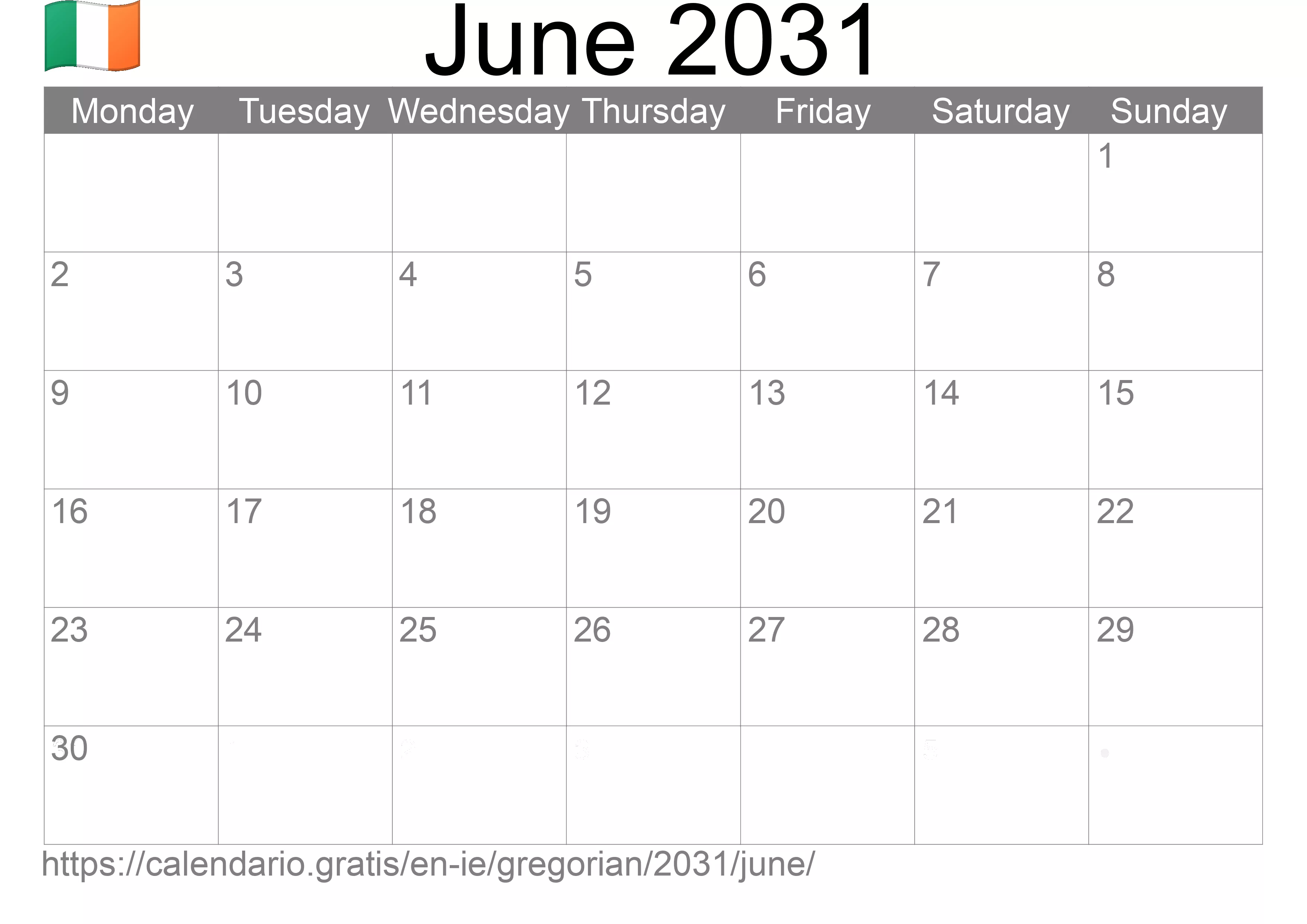 Calendar June 2031 to print (Ireland) Calendar June 2031 to print (Ireland)