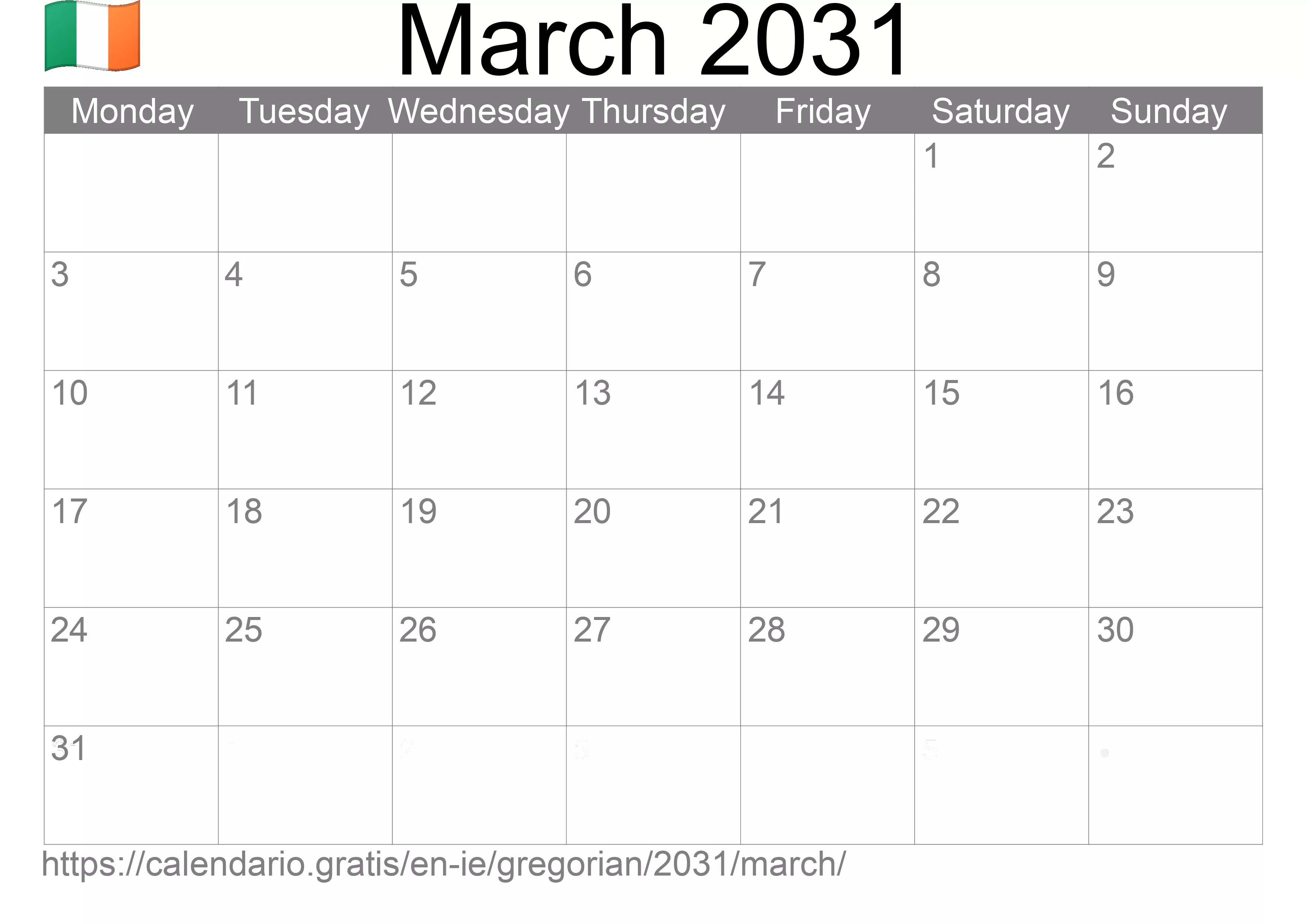 Calendar March 2031 to print (Ireland) Calendar March 2031 to print (Ireland)