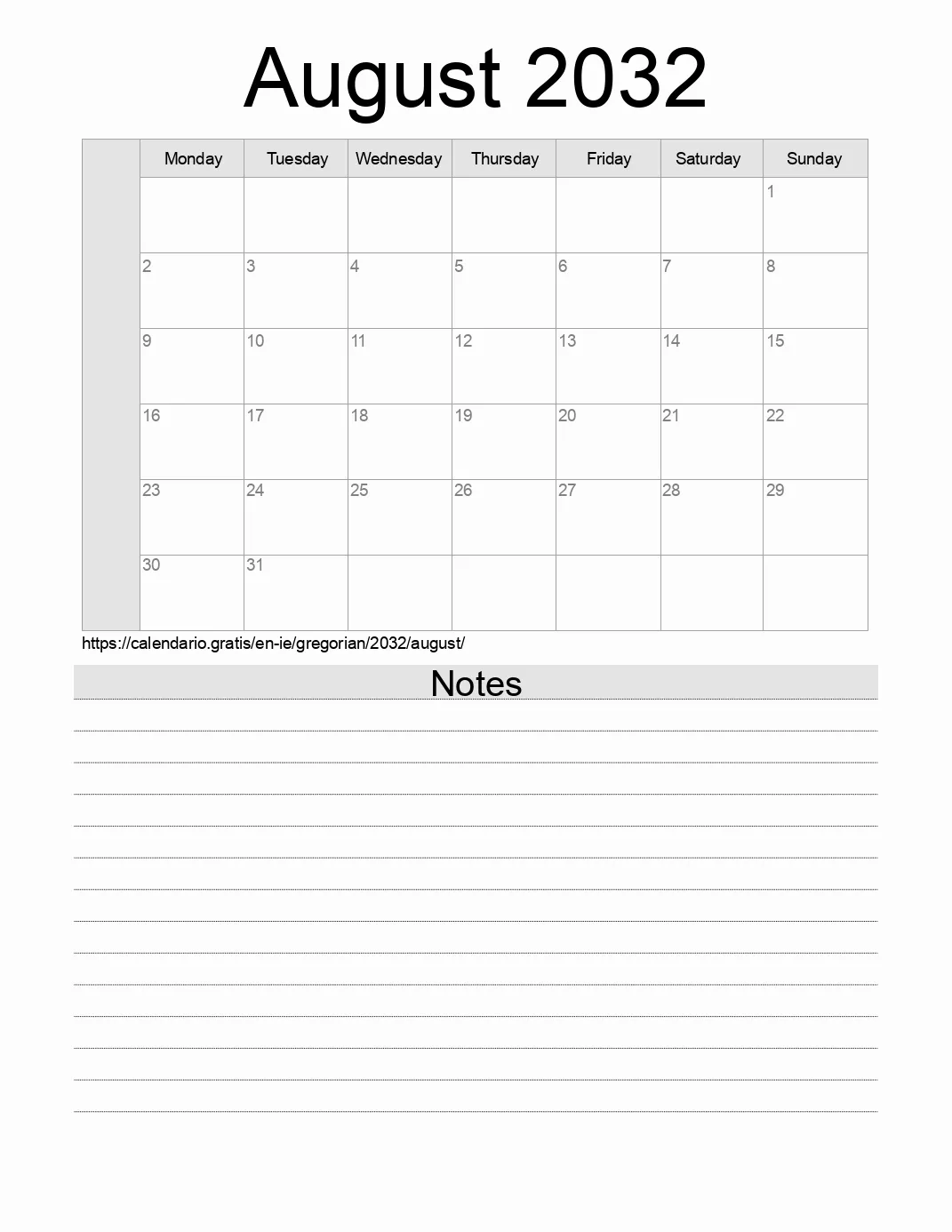 Calendar for printing with notes for 2032 August . (Ireland) Calendar for printing with notes for 2032 August . (Ireland)