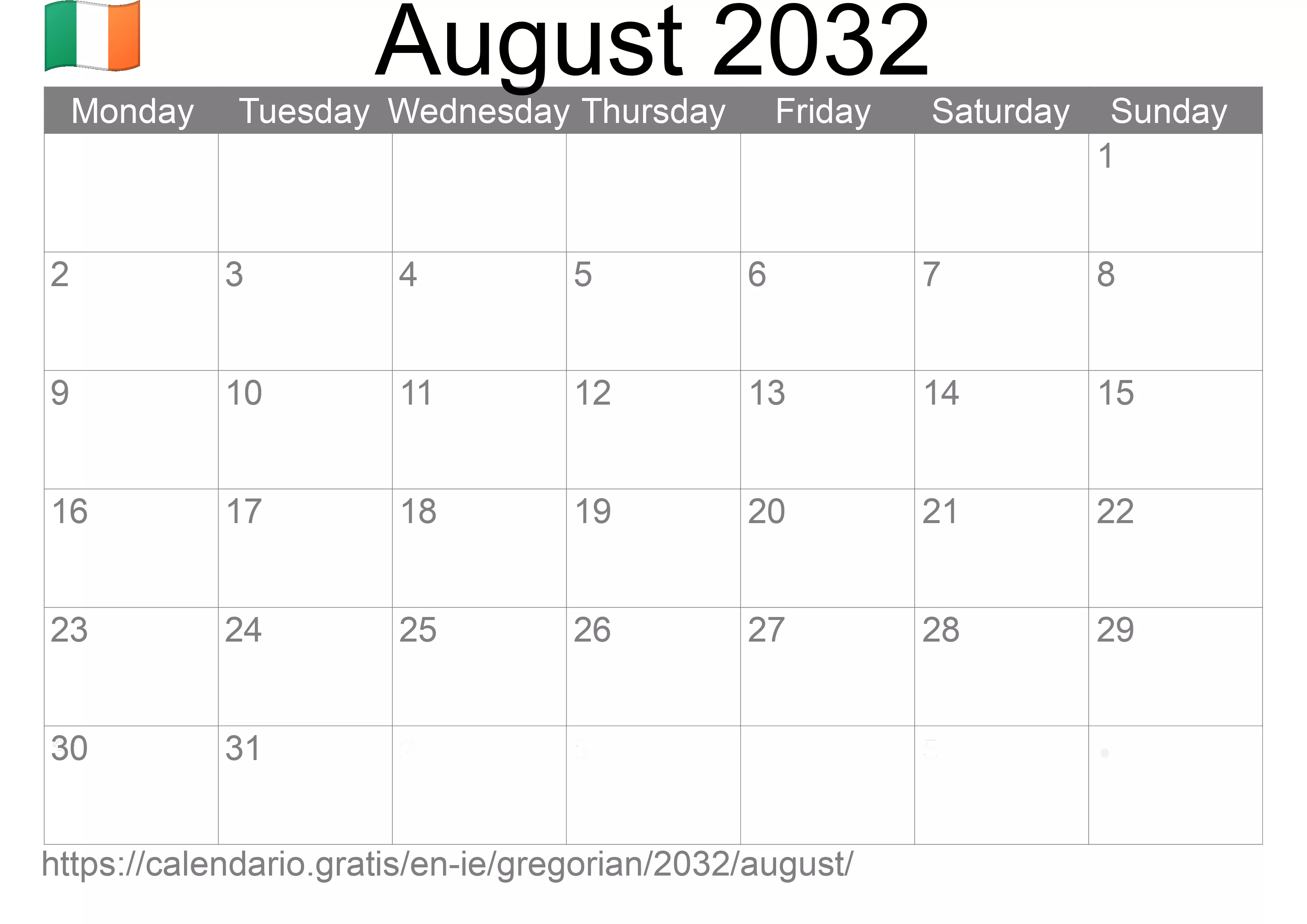Calendar August 2032 to print (Ireland) Calendar August 2032 to print (Ireland)