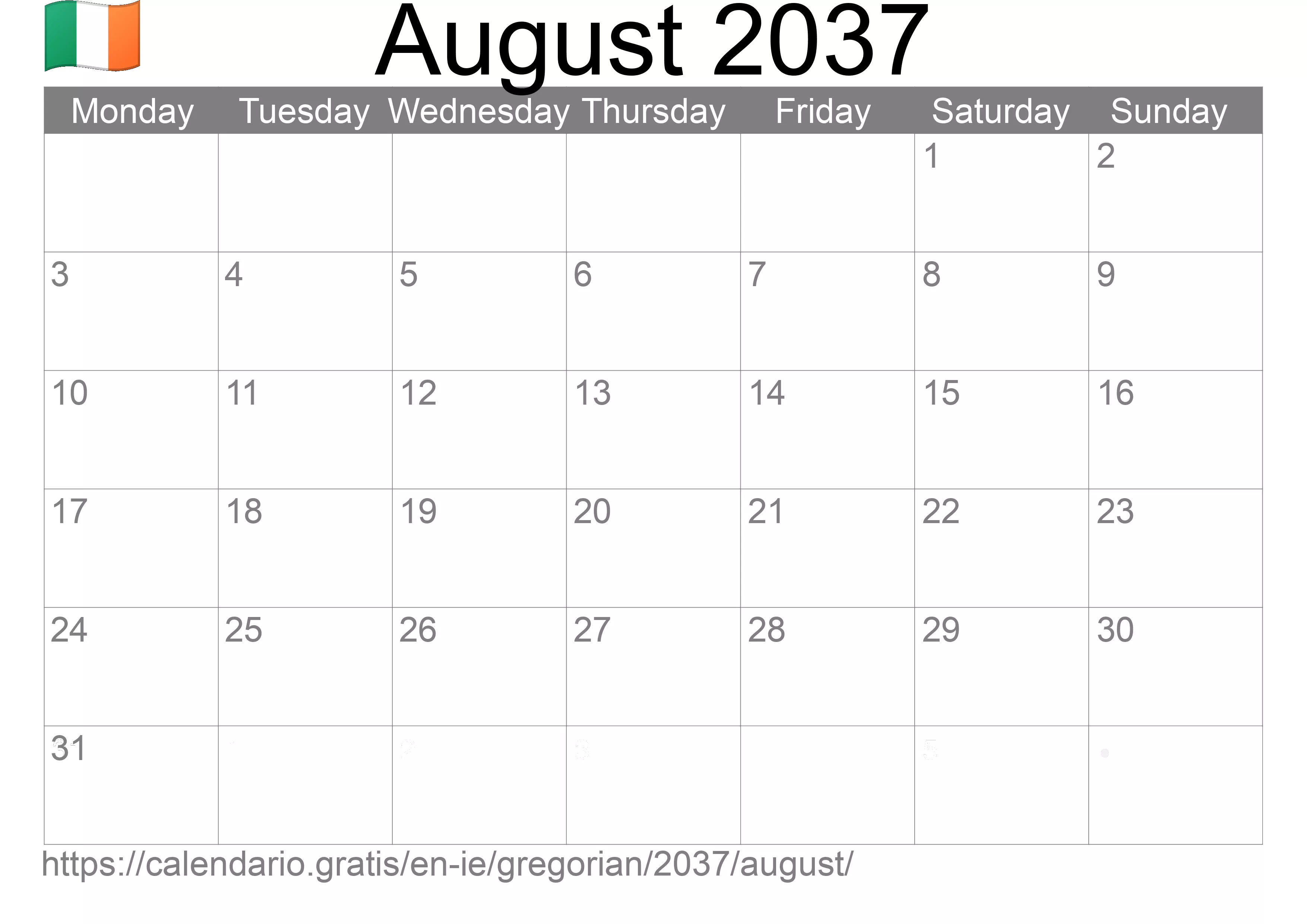 Calendar August 2037 to print (Ireland) Calendar August 2037 to print (Ireland)