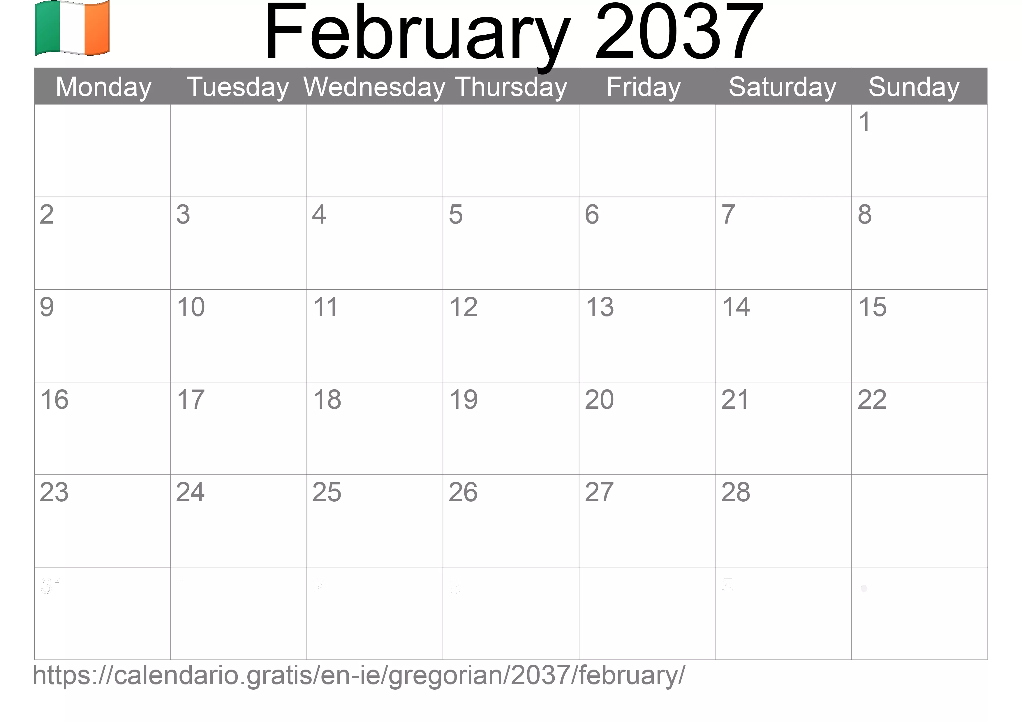 Calendar February 2037 to print (Ireland) Calendar February 2037 to print (Ireland)
