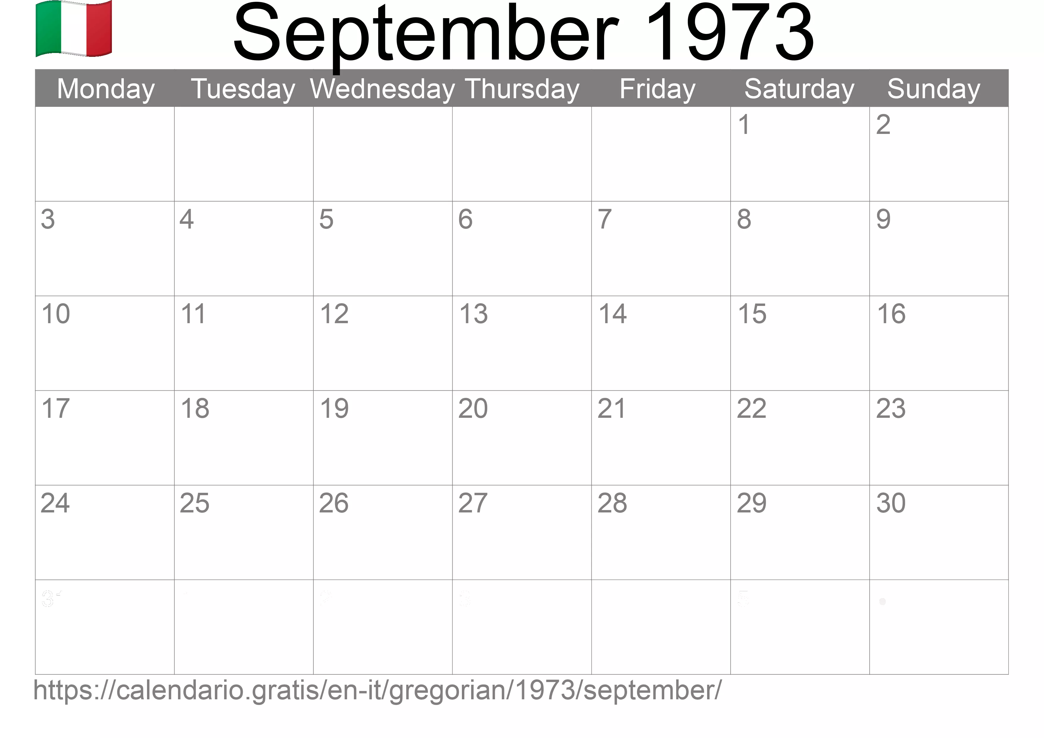 Calendar September 1973 to print (Italy)