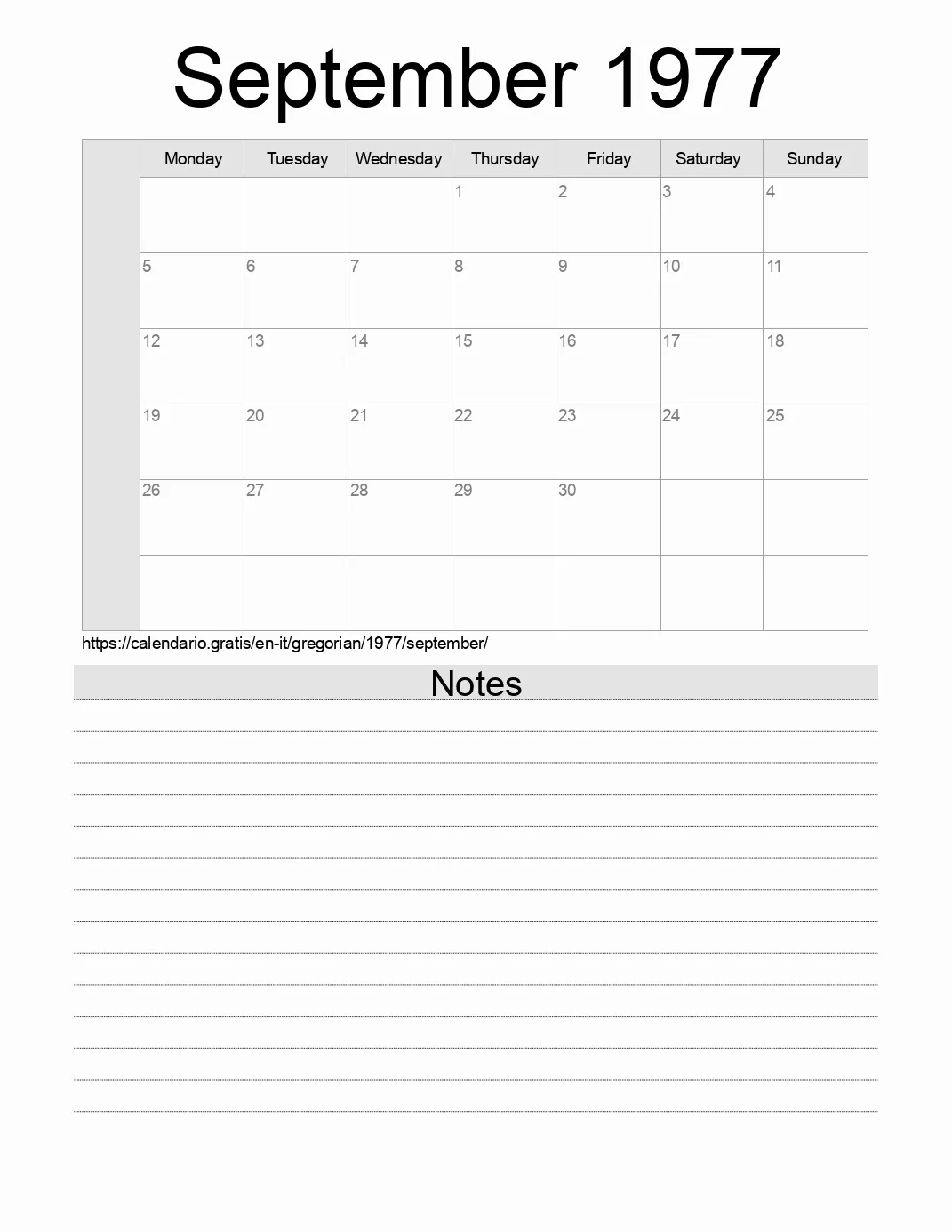 Calendar for printing with notes for 1977 September . (Italy)