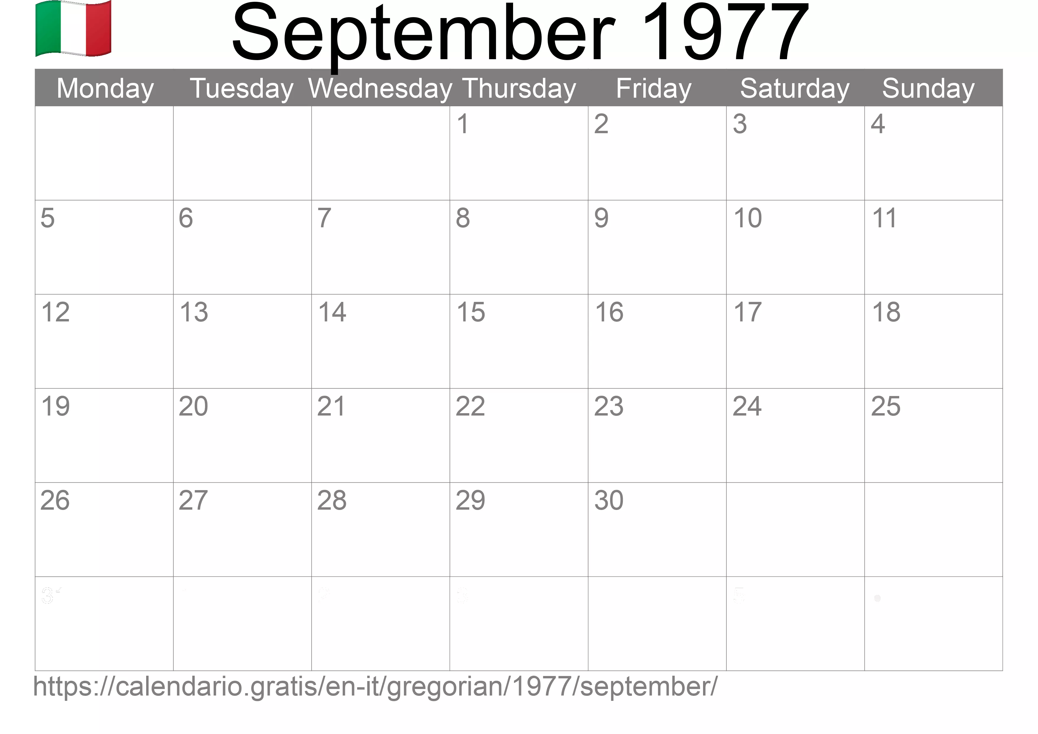 Calendar September 1977 to print (Italy)