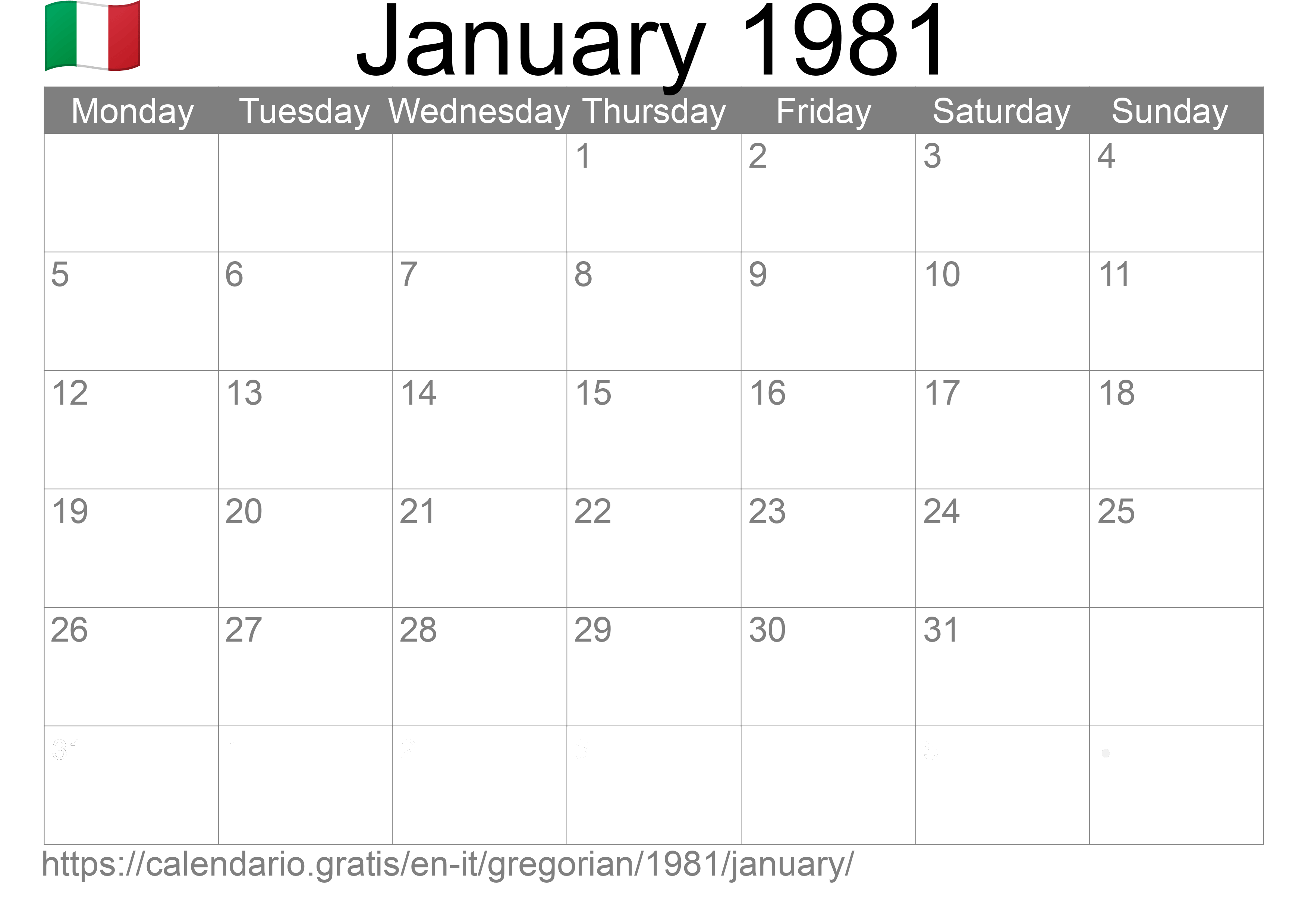 Calendar January 1981 to print