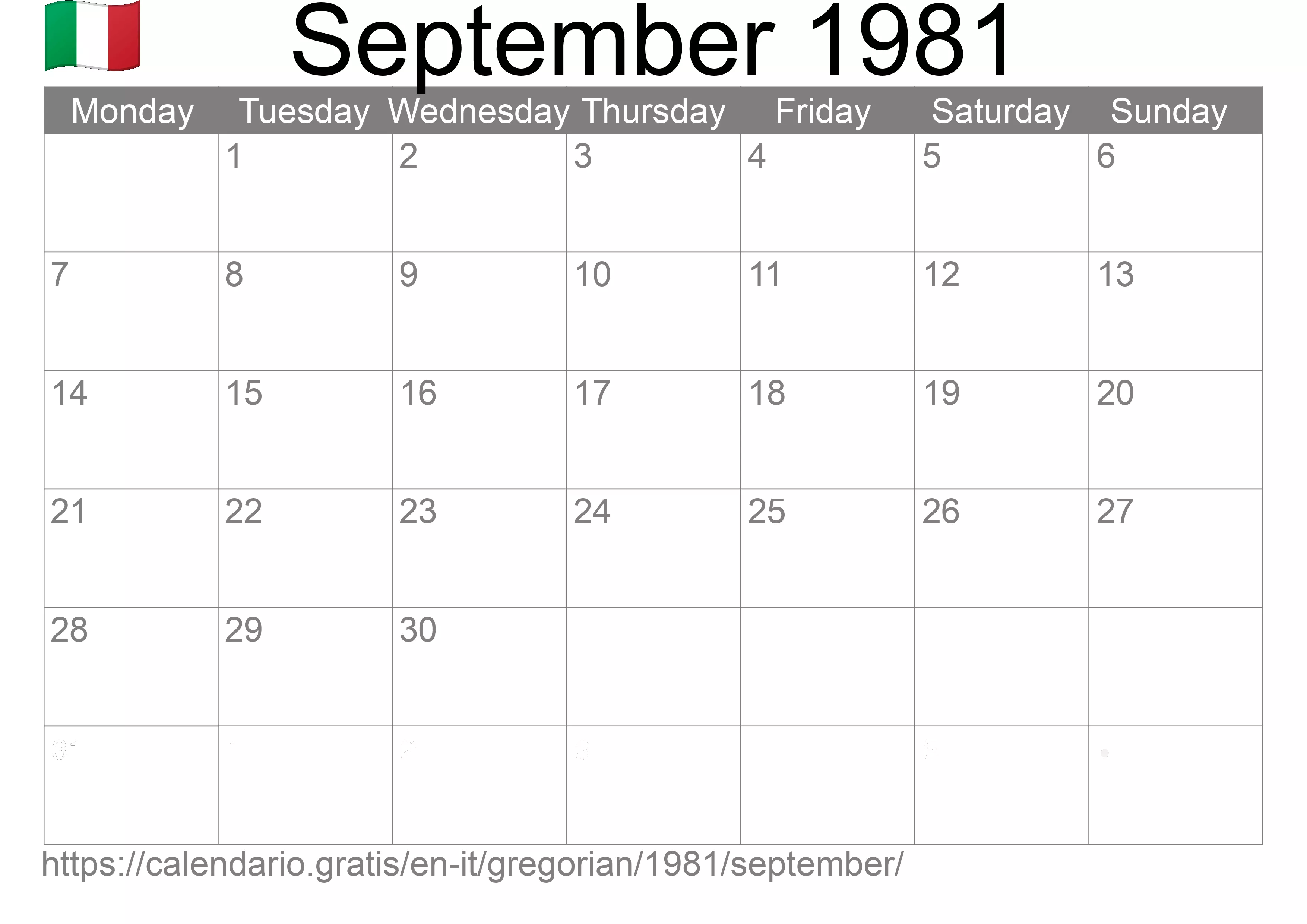 Calendar September 1981 to print (Italy)