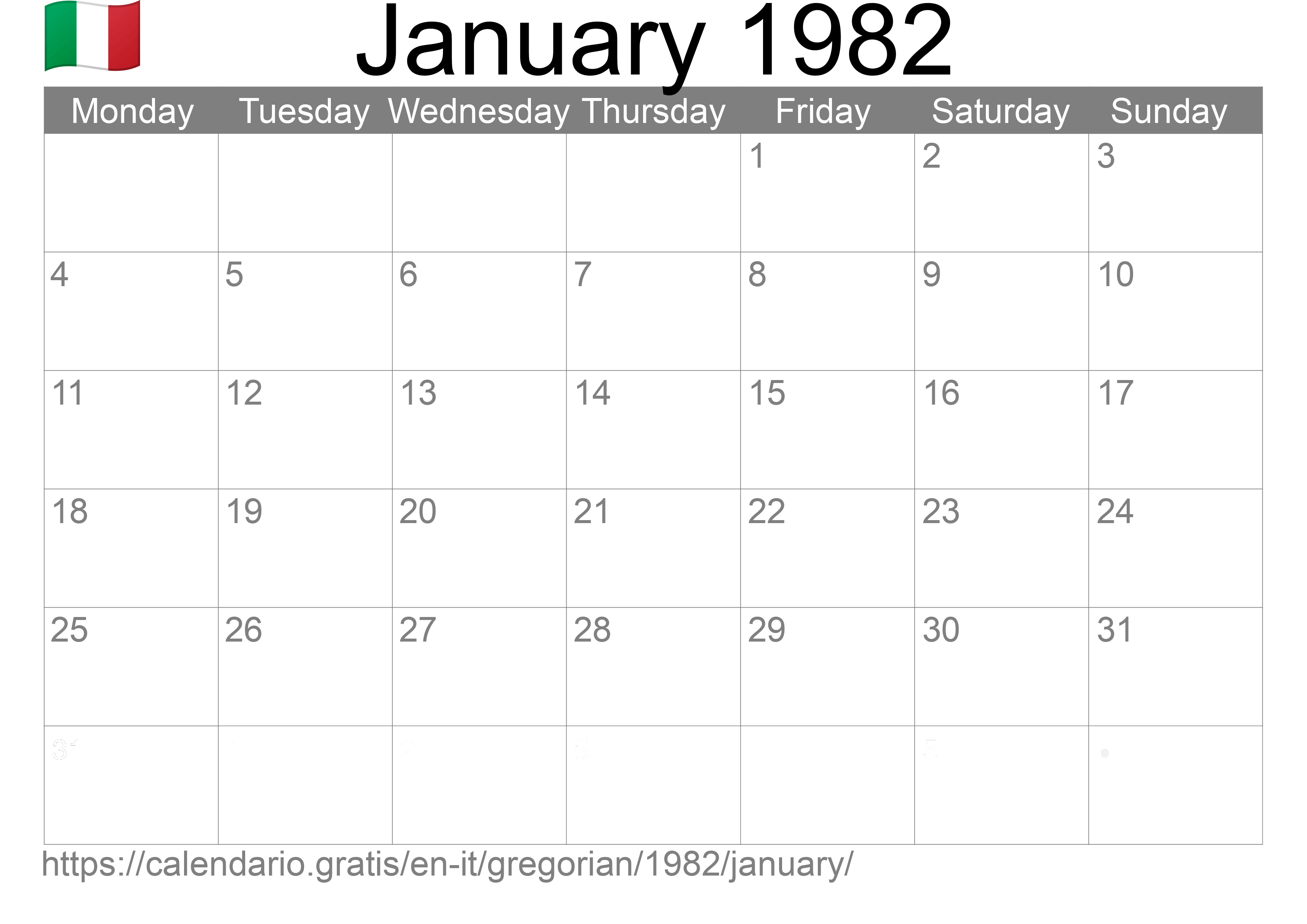 Calendar January 1982 to print