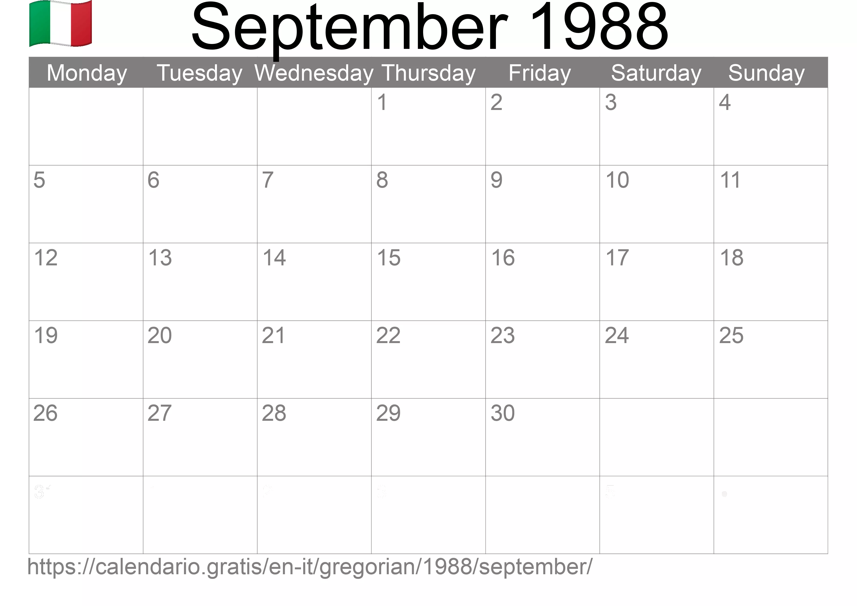 Calendar September 1988 to print (Italy)
