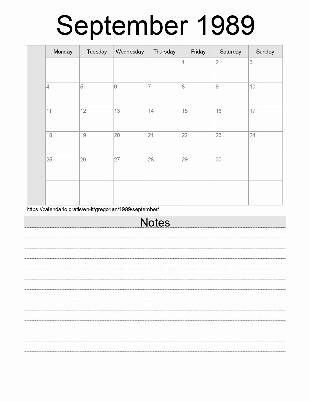 Calendar for printing with notes for 1989 September . (Italy)