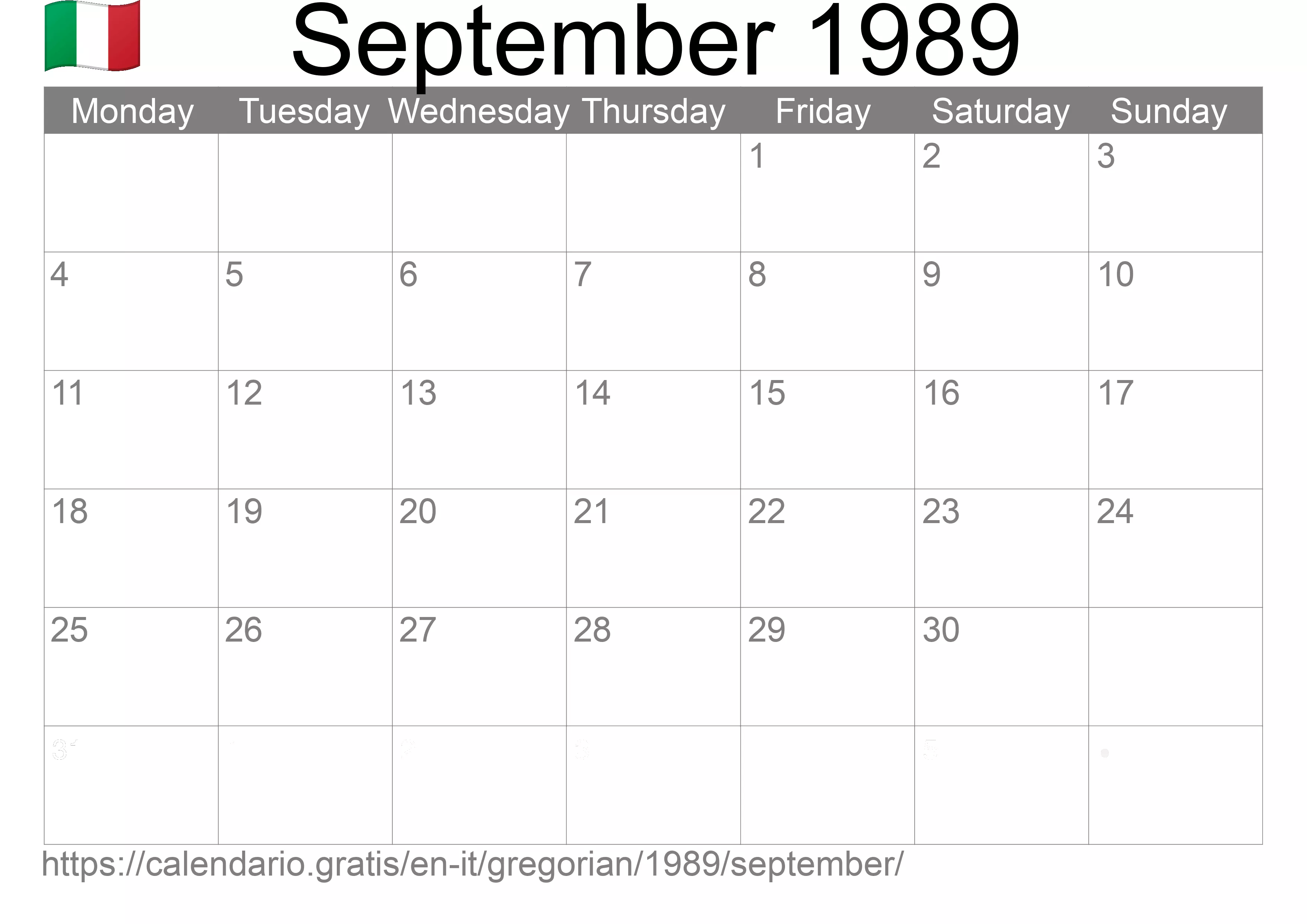 Calendar September 1989 to print (Italy)