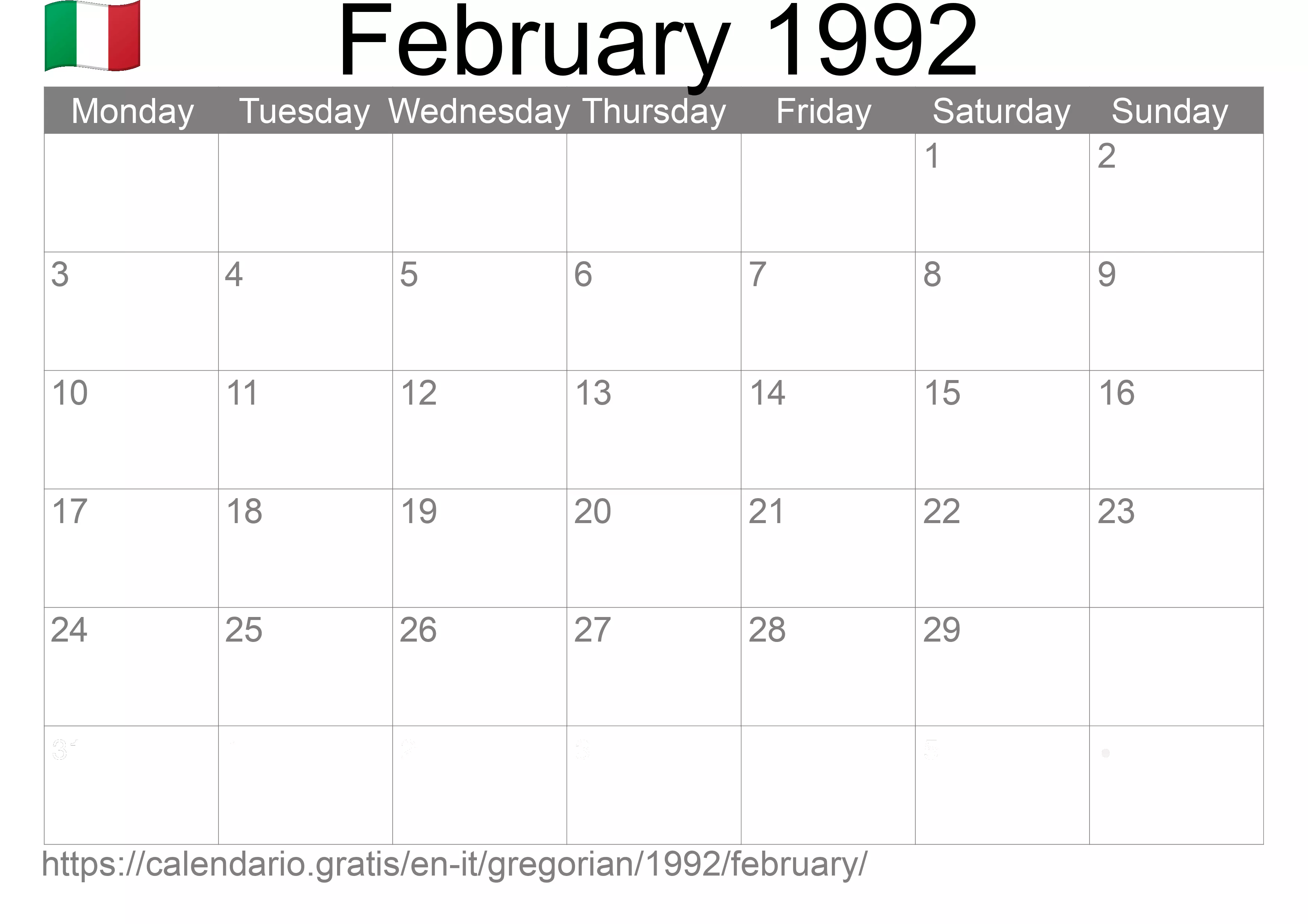 Calendar February 1992 to print (Italy) Calendar February 1992 to print (Italy)