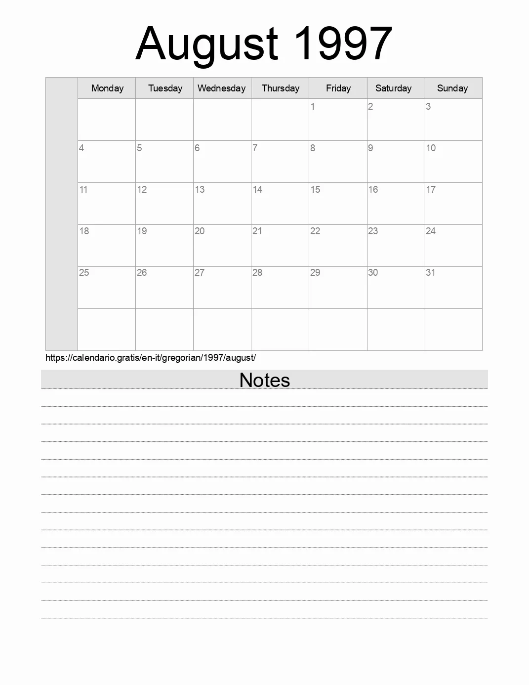 Calendar for printing with notes for 1997 August . (Italy) Calendar for printing with notes for 1997 August . (Italy)