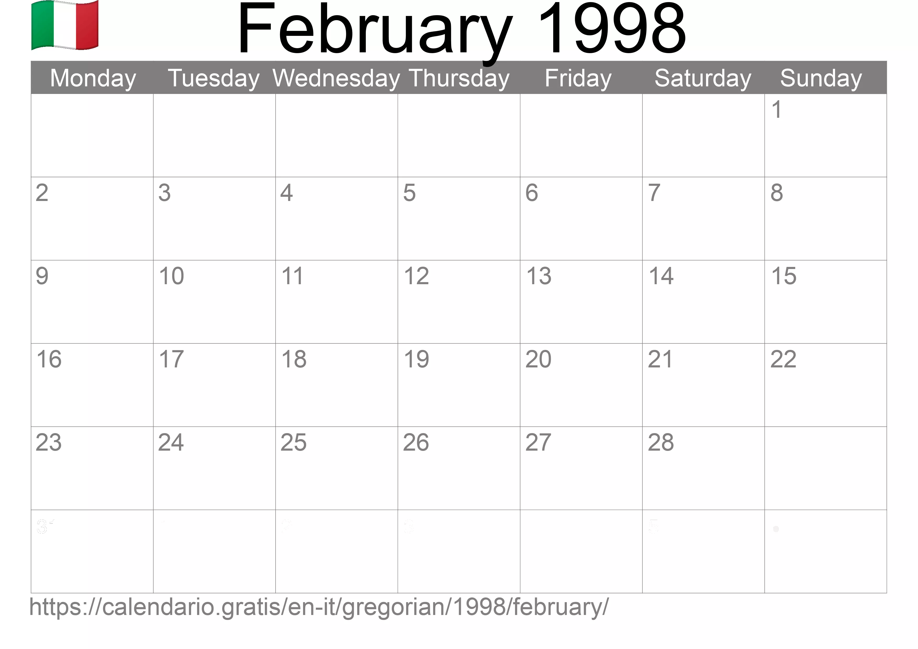 Calendar February 1998 to print (Italy) Calendar February 1998 to print (Italy)