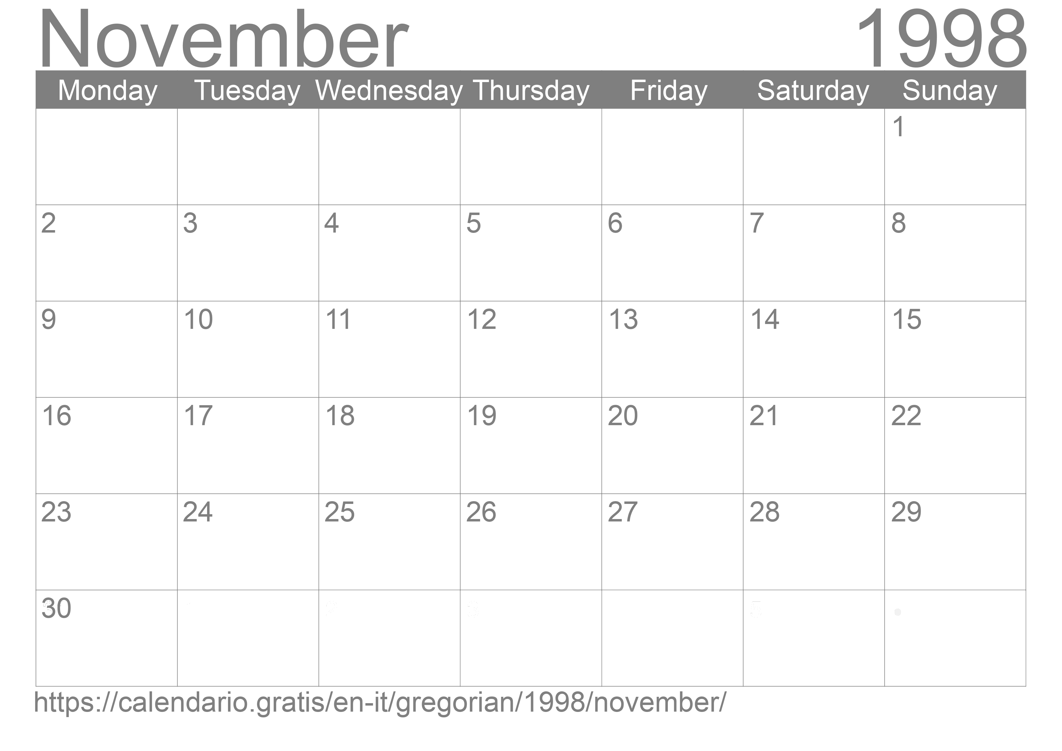 Calendar November 1998 to print