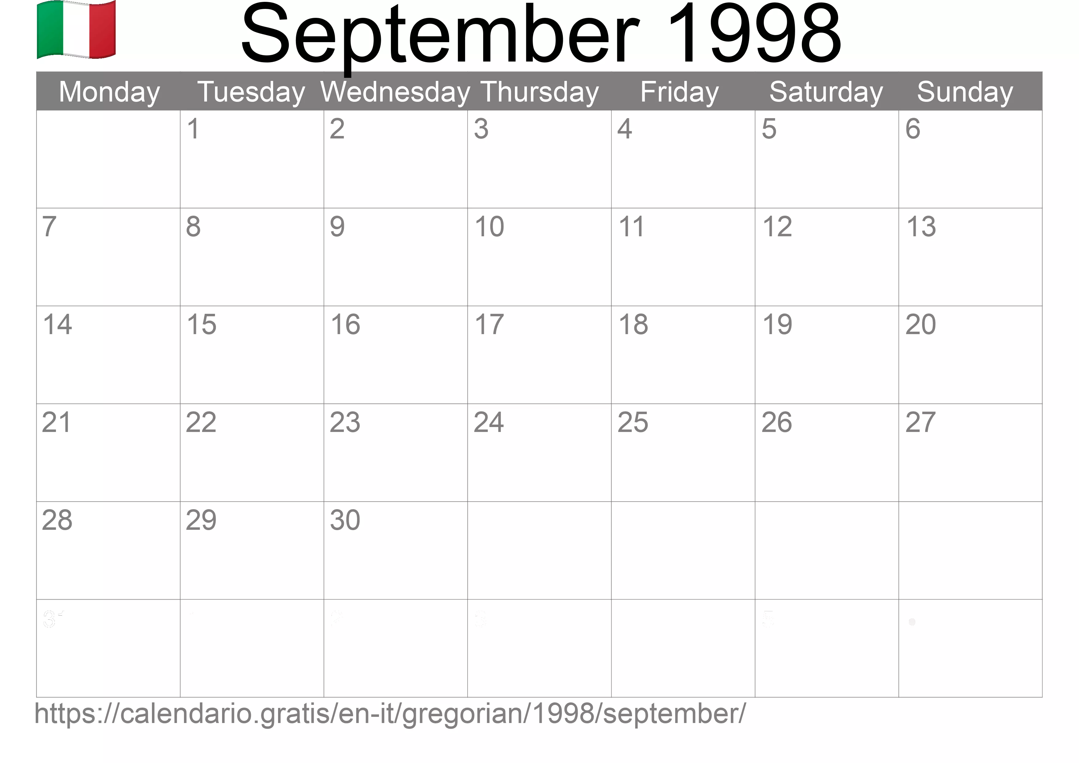 Calendar September 1998 to print (Italy)