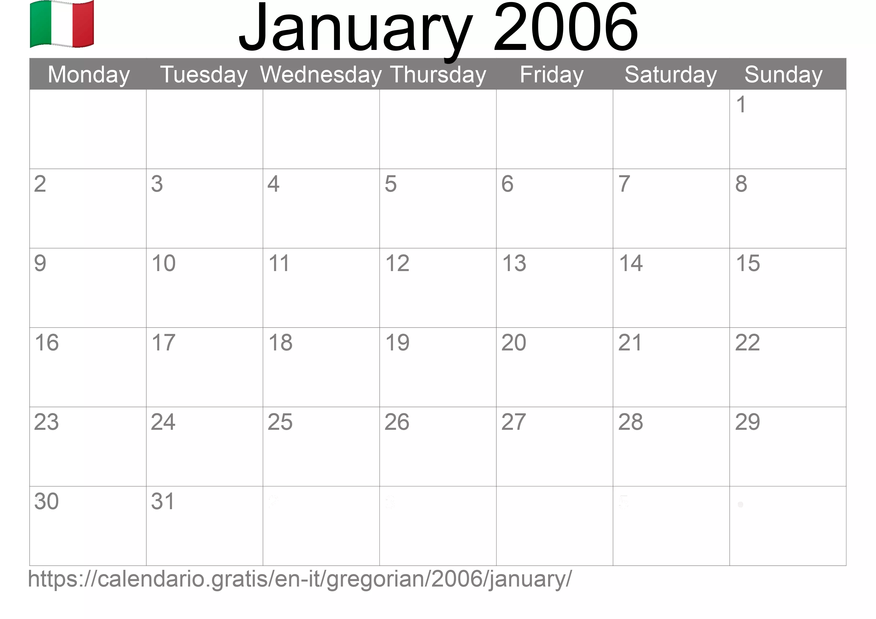 Calendar January 2006 to print (Italy) Calendar January 2006 to print (Italy)