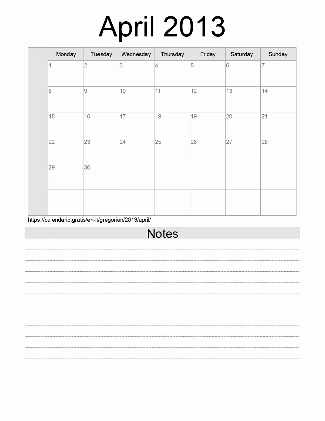 Calendar for printing with notes for 2013 April . (Italy)