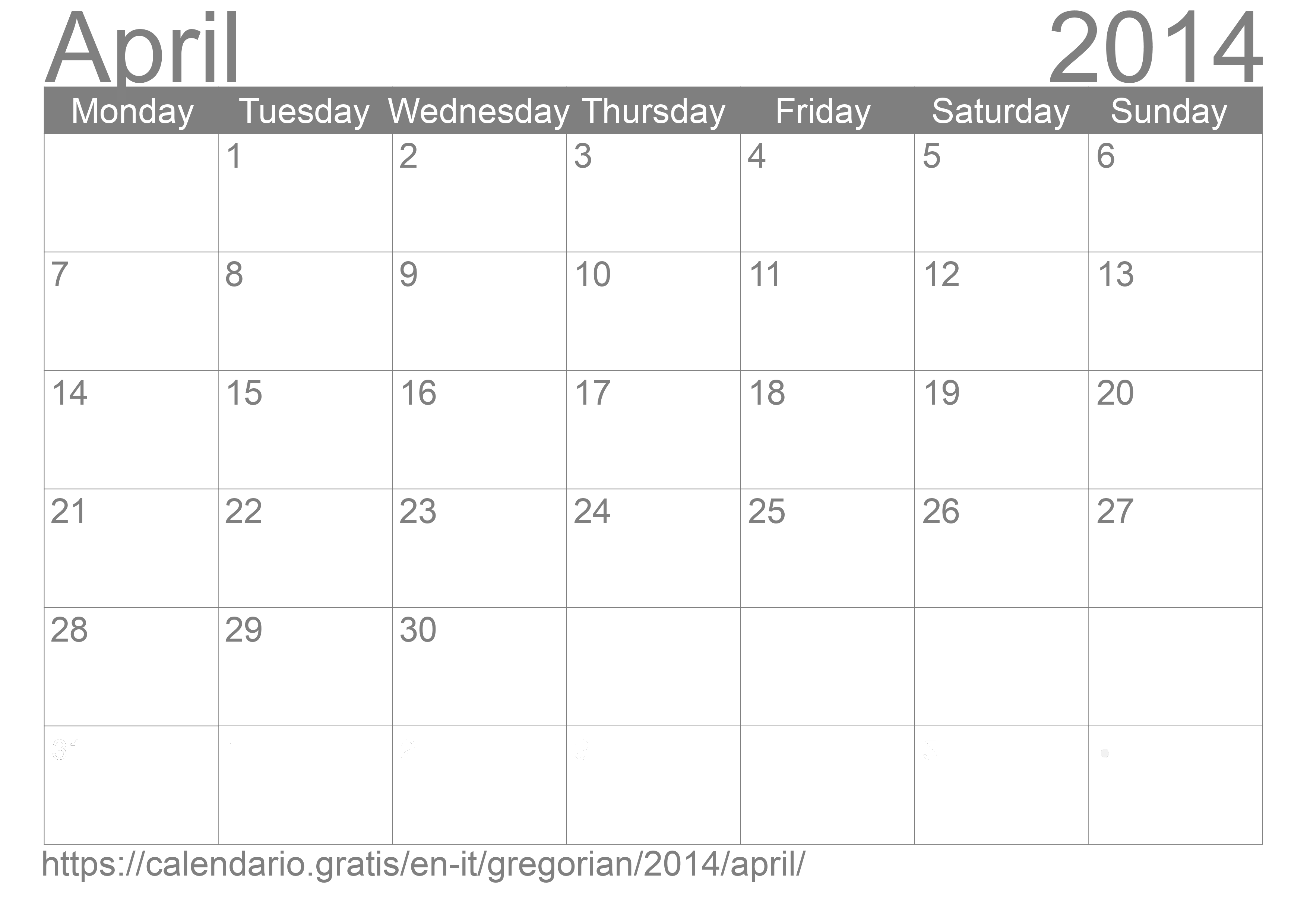 Calendar April 2014 to print