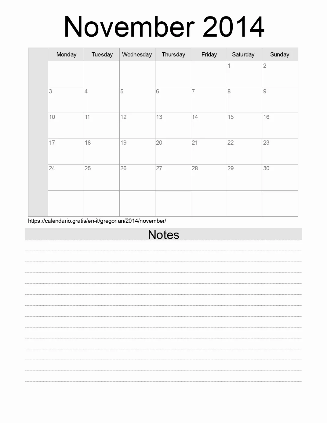 Calendar for printing with notes for 2014 November . (Italy)