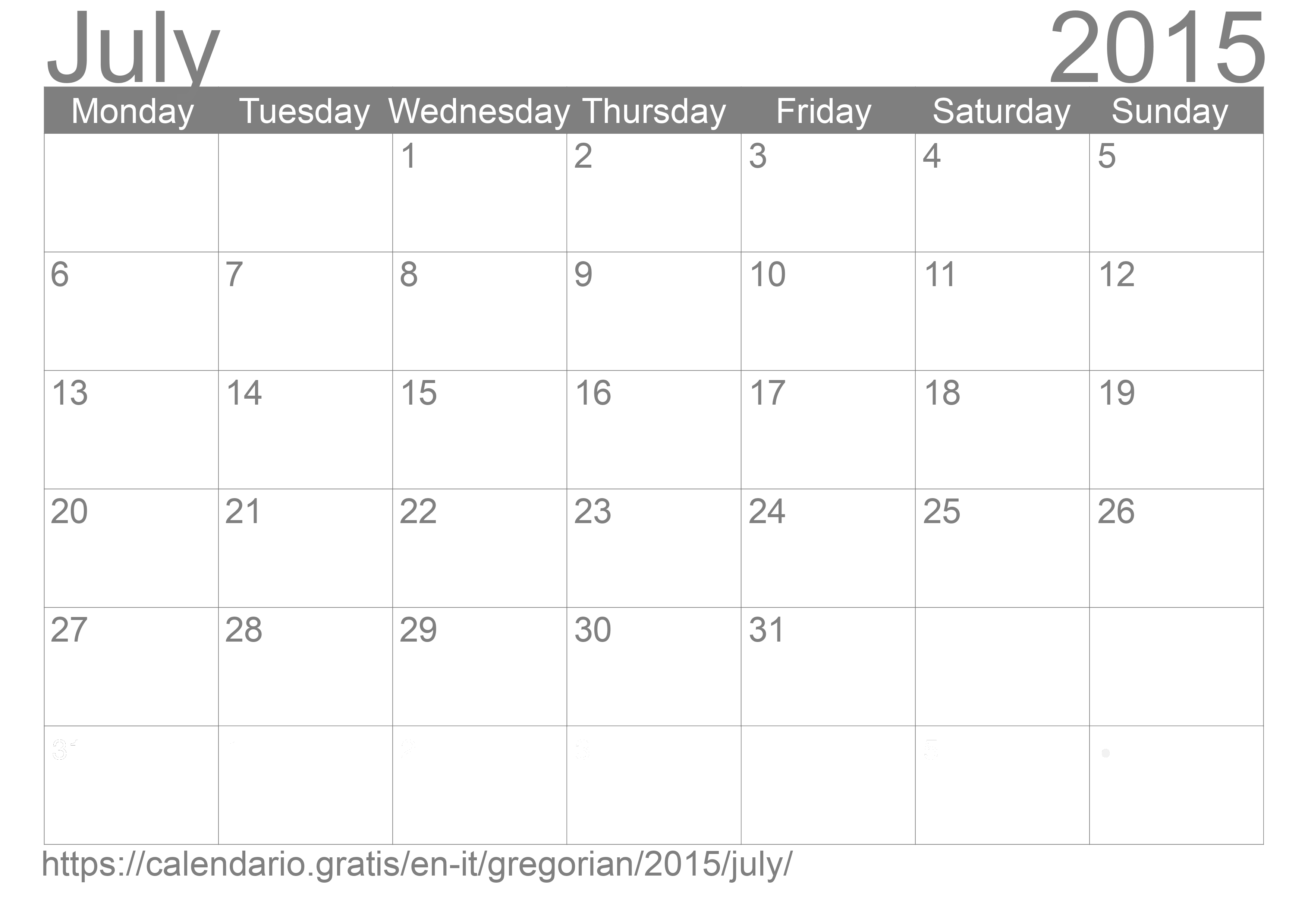 Calendar July 2015 to print