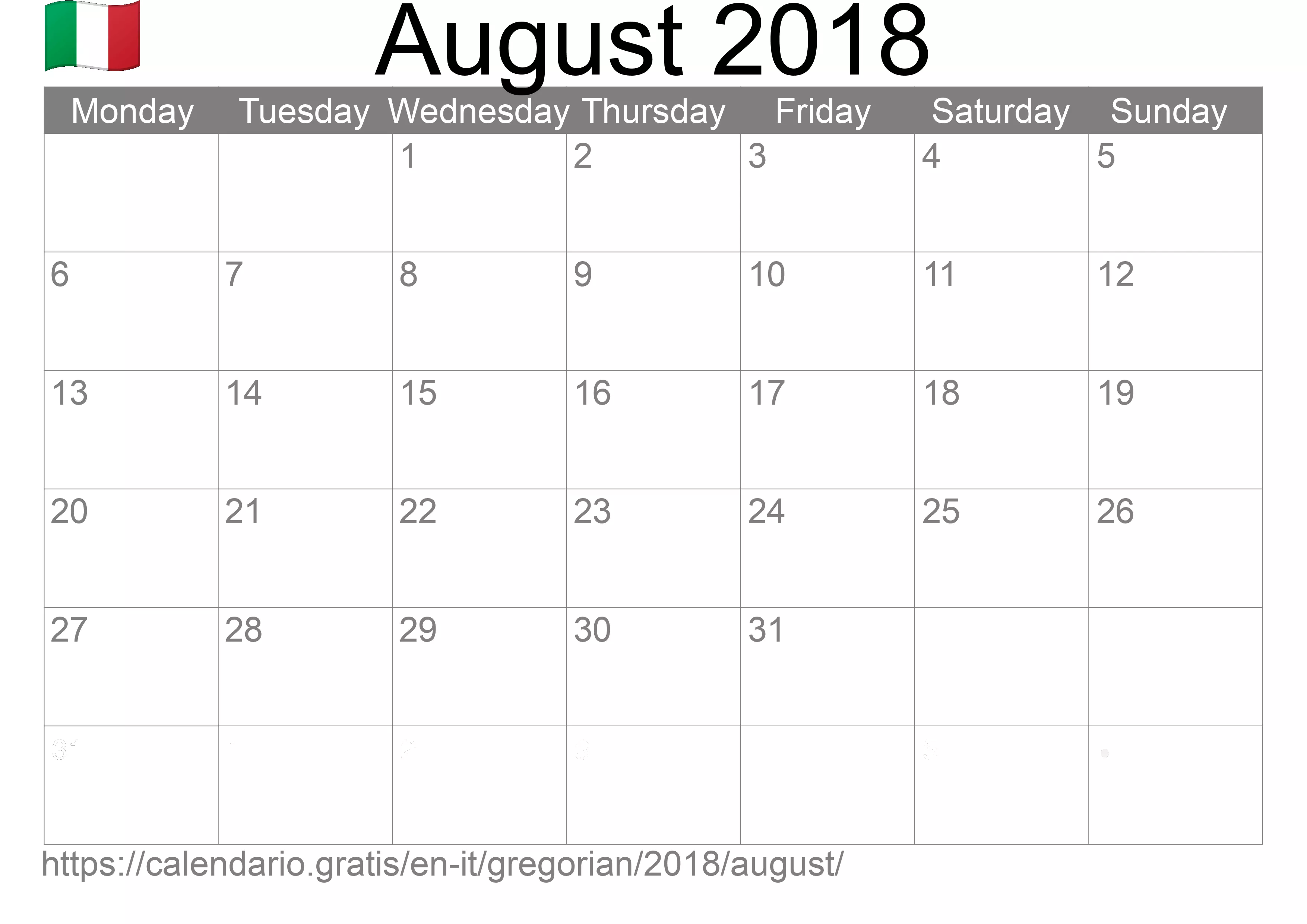 Calendar August 2018 to print (Italy) Calendar August 2018 to print (Italy)