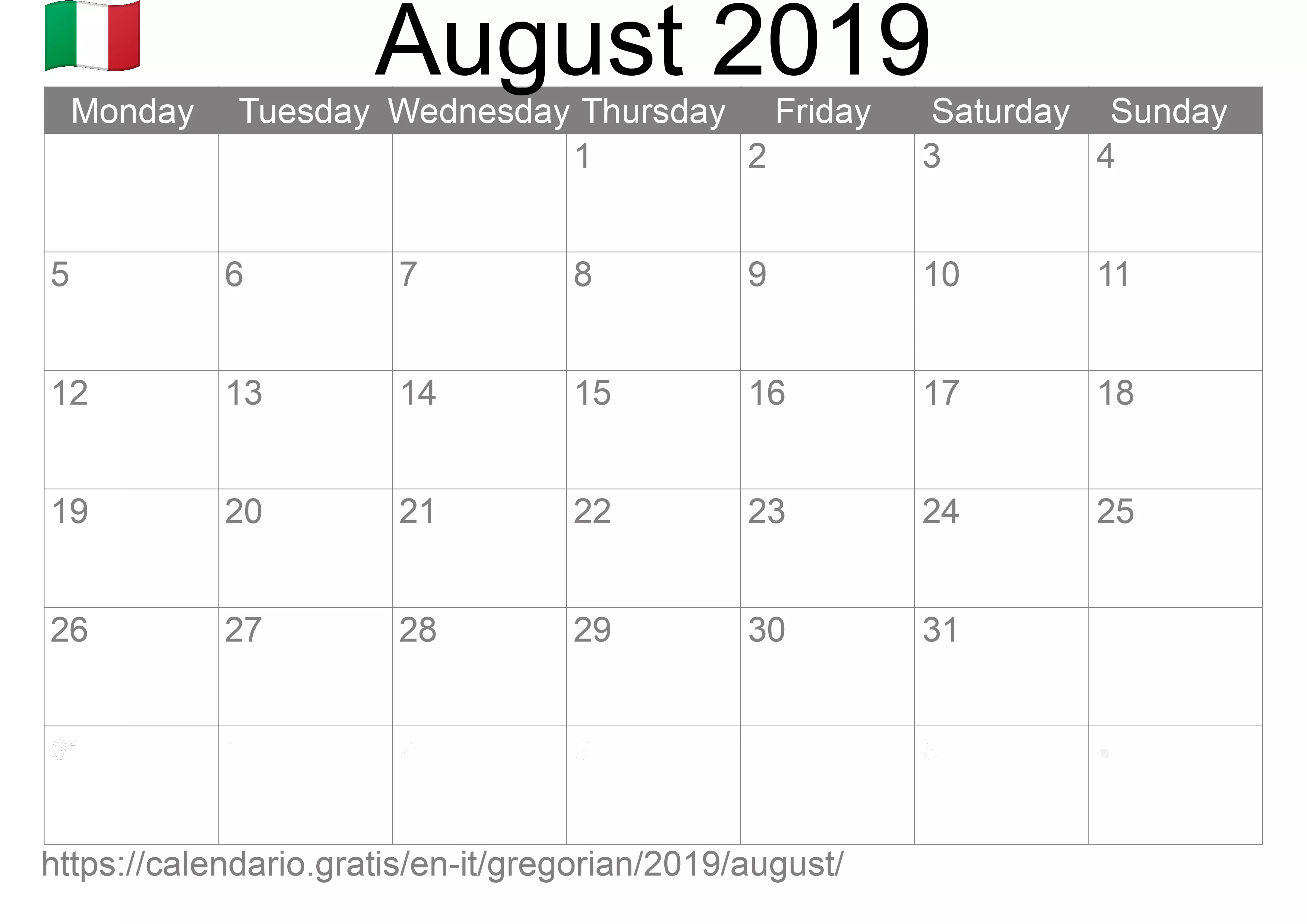 Calendar August 2019 to print (Italy) Calendar August 2019 to print (Italy)