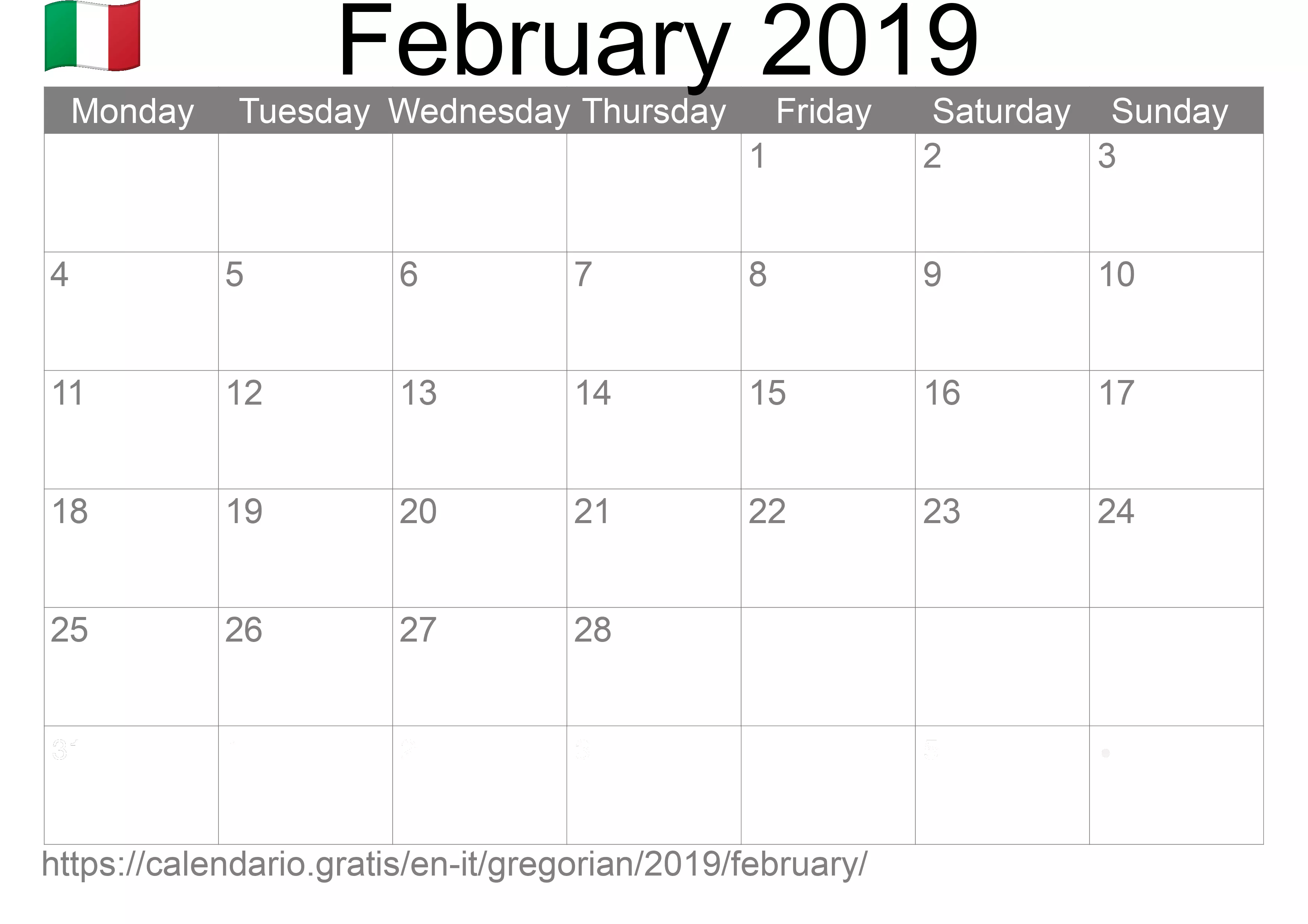 Calendar February 2019 to print (Italy) Calendar February 2019 to print (Italy)