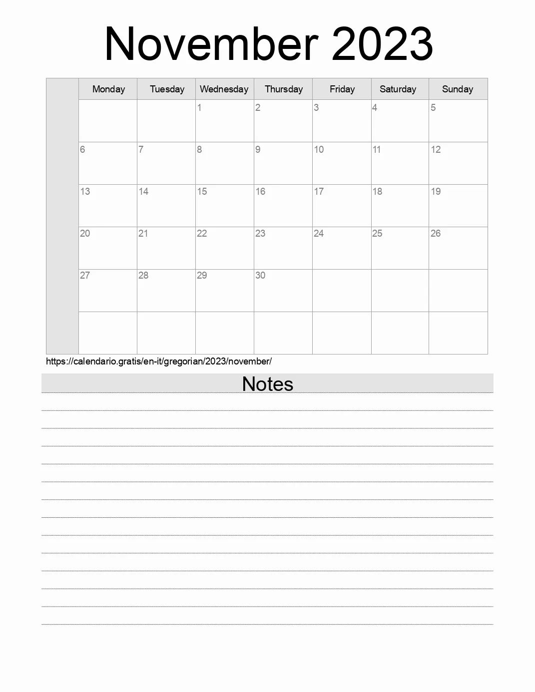 Calendar for printing with notes for 2023 November . (Italy)