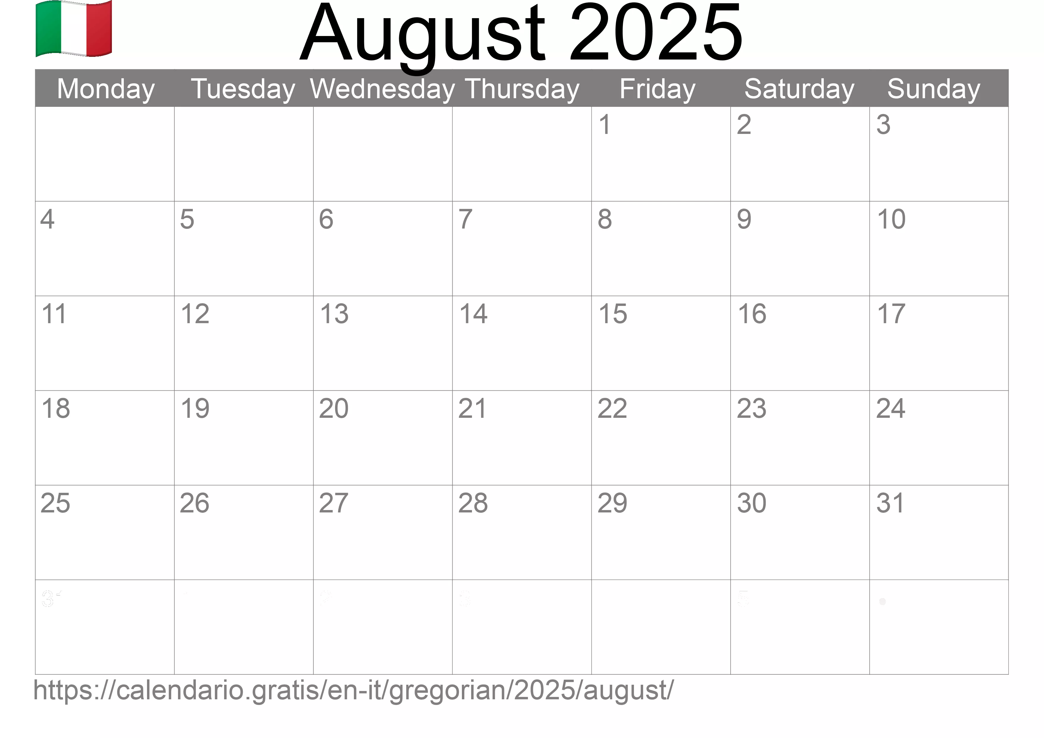 Calendar August 2025 to print (Italy) Calendar August 2025 to print (Italy)