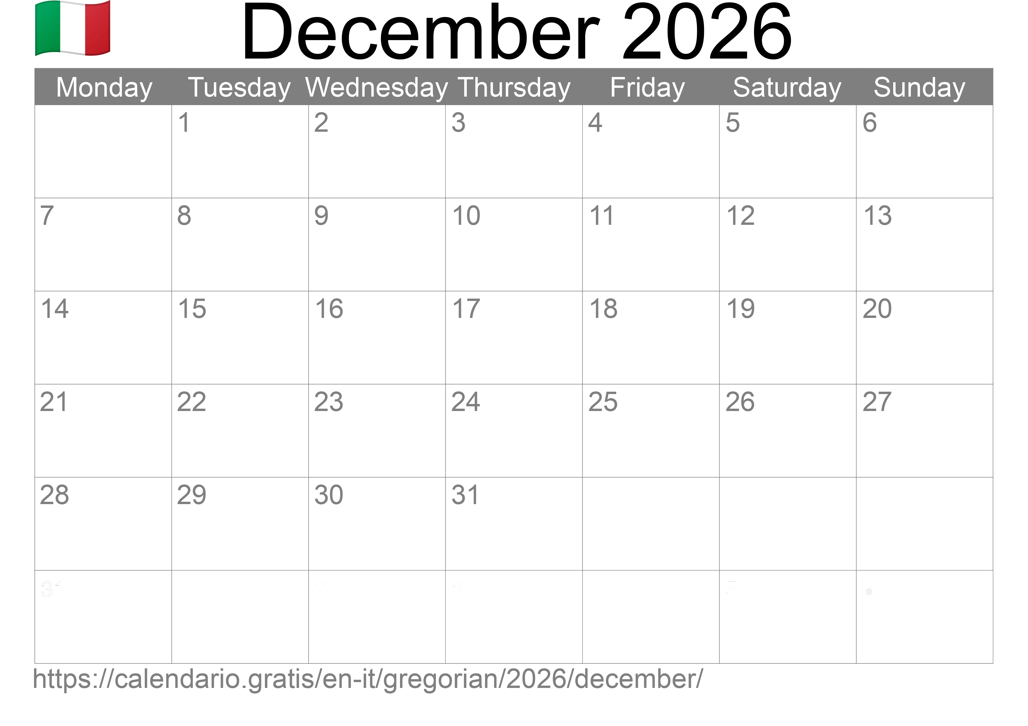 Calendar December 2026 to print