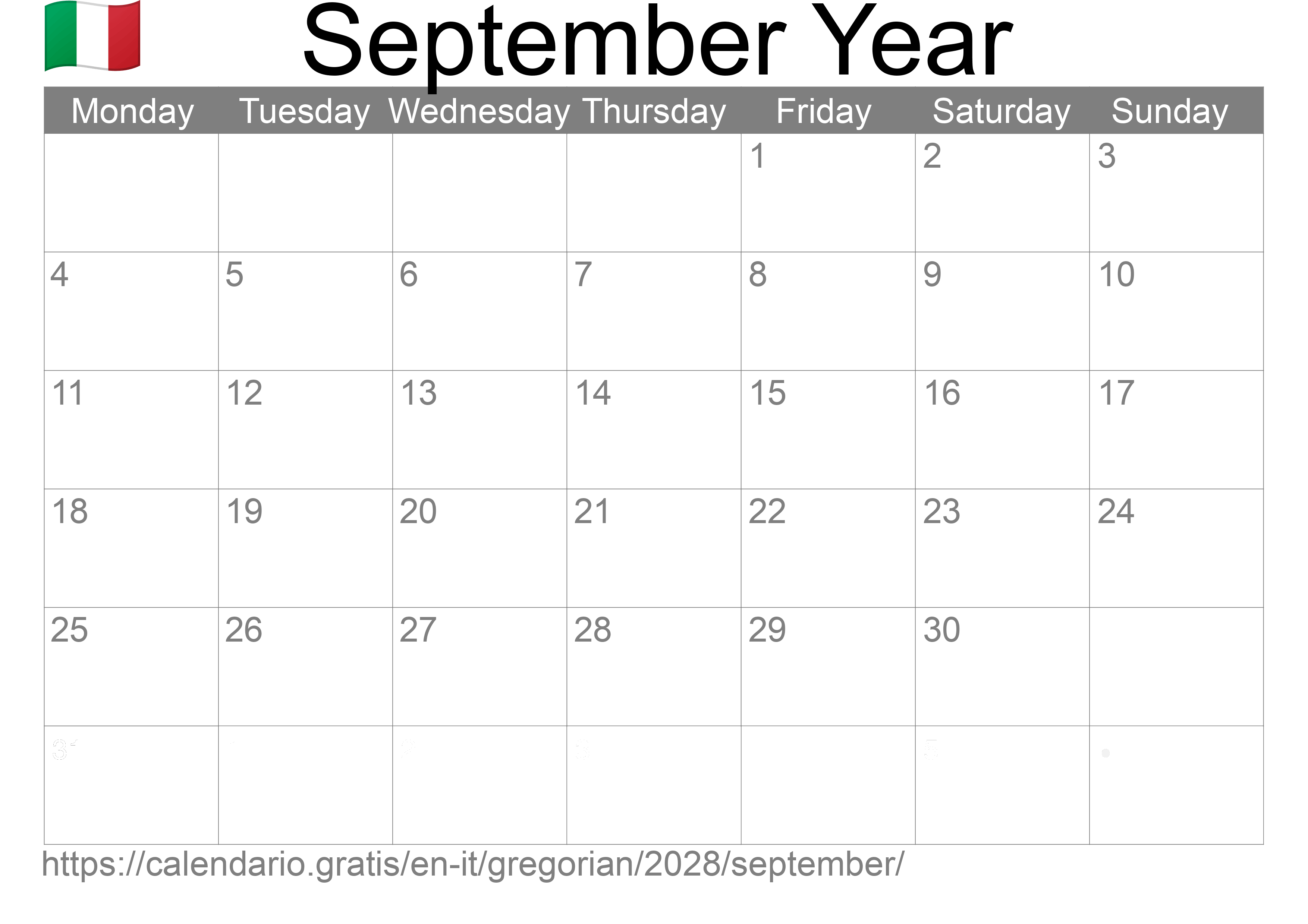 Calendar September 2028 to print