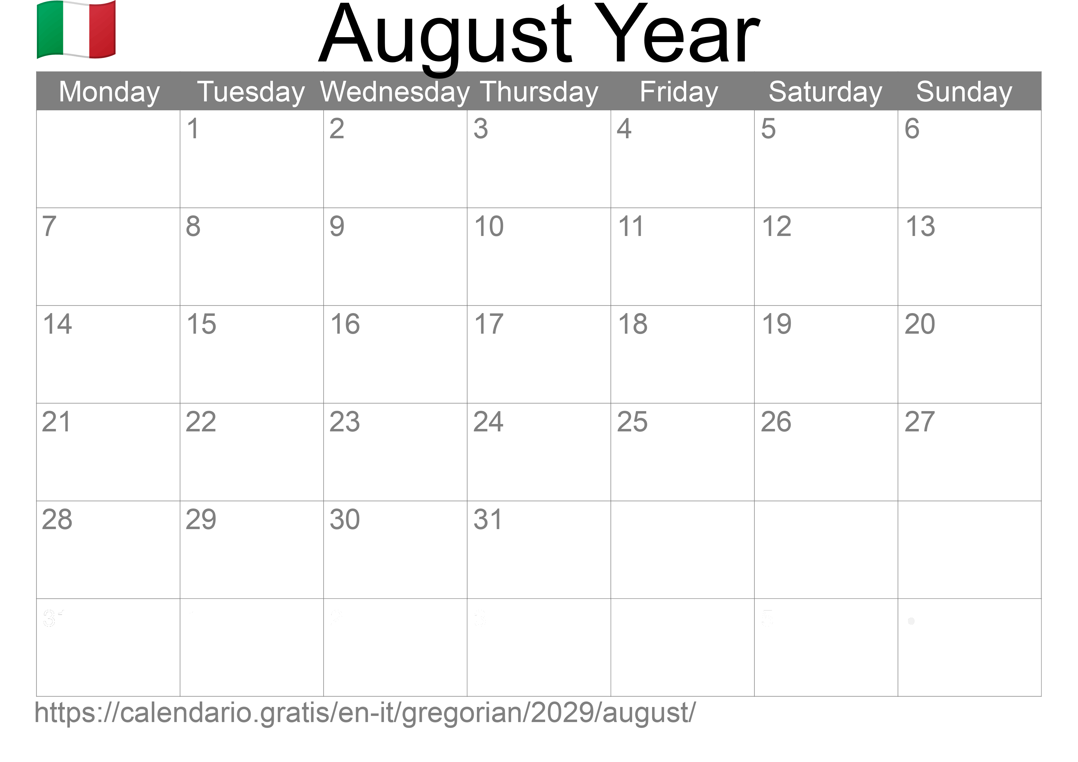 Calendar August 2029 to print