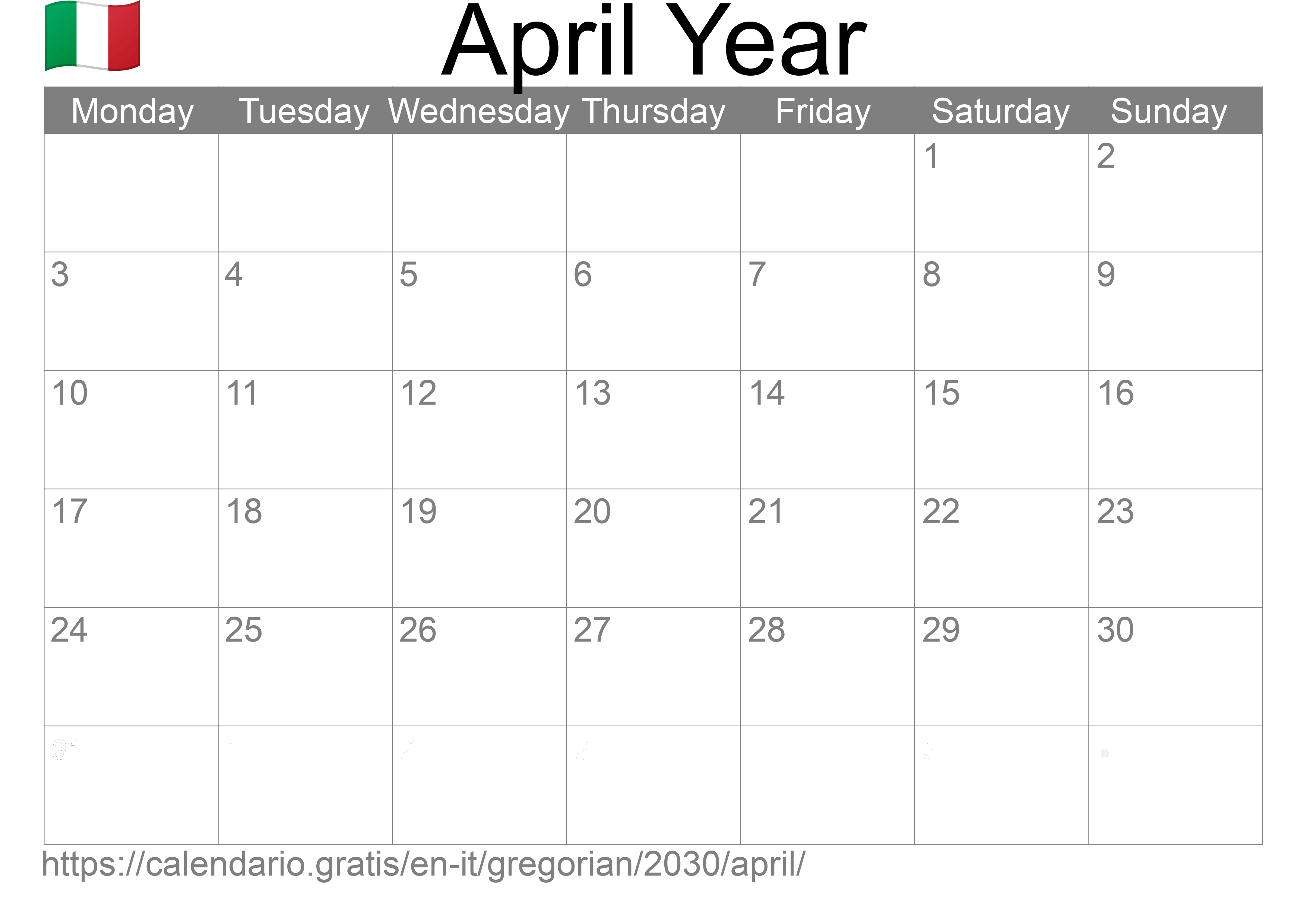 Calendar April 2030 to print