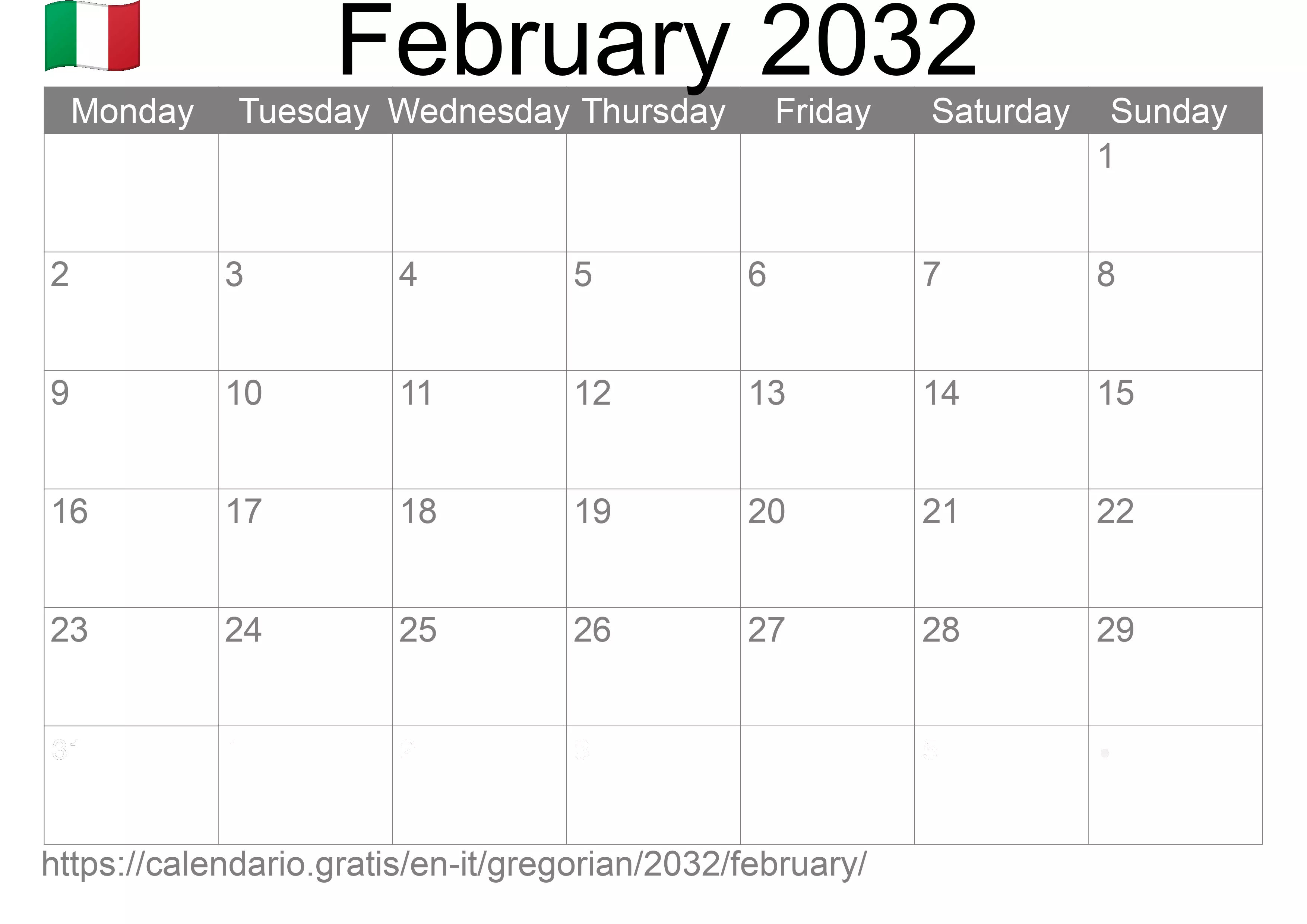Calendar February 2032 to print (Italy) Calendar February 2032 to print (Italy)