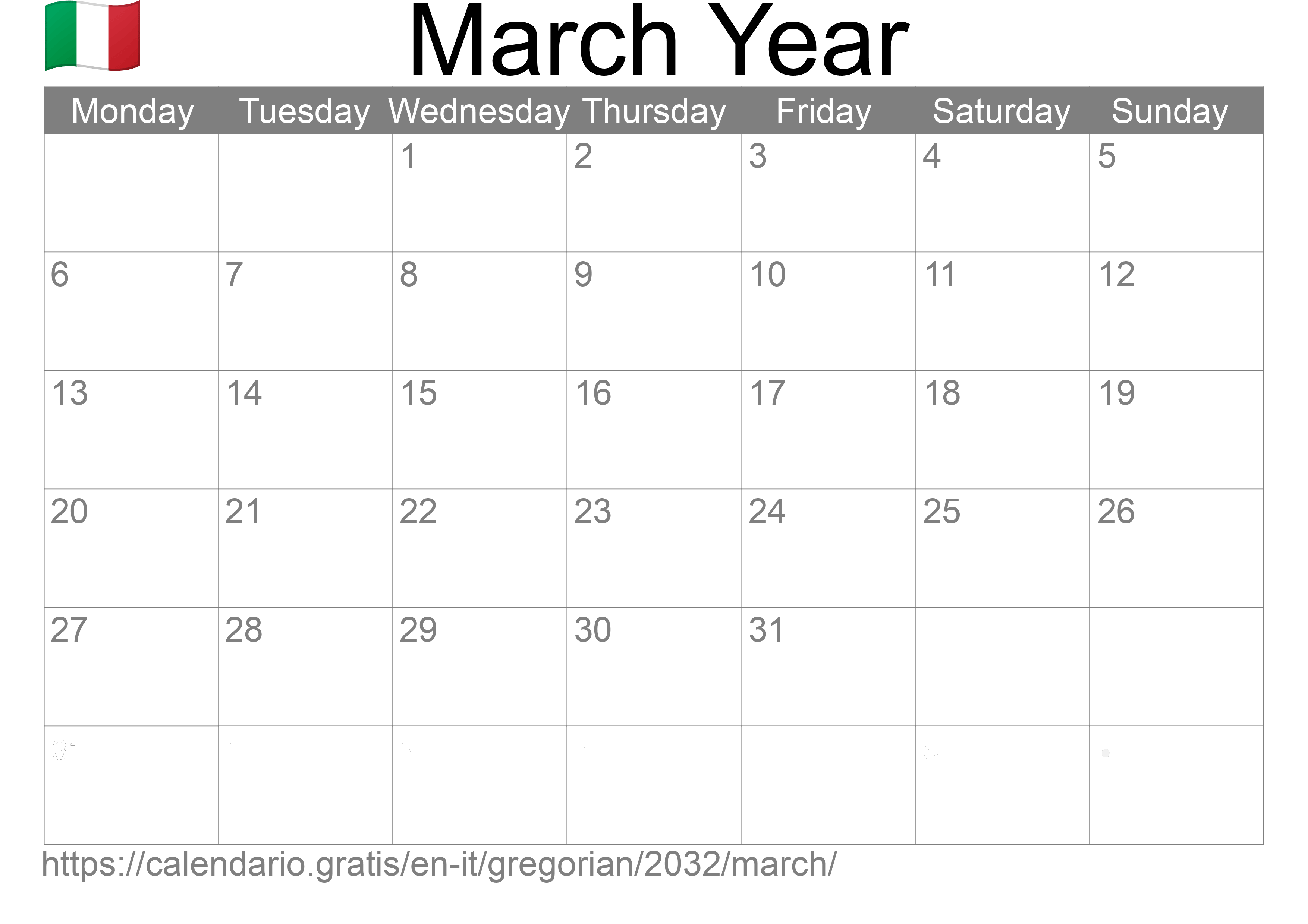 Calendar March 2032 to print