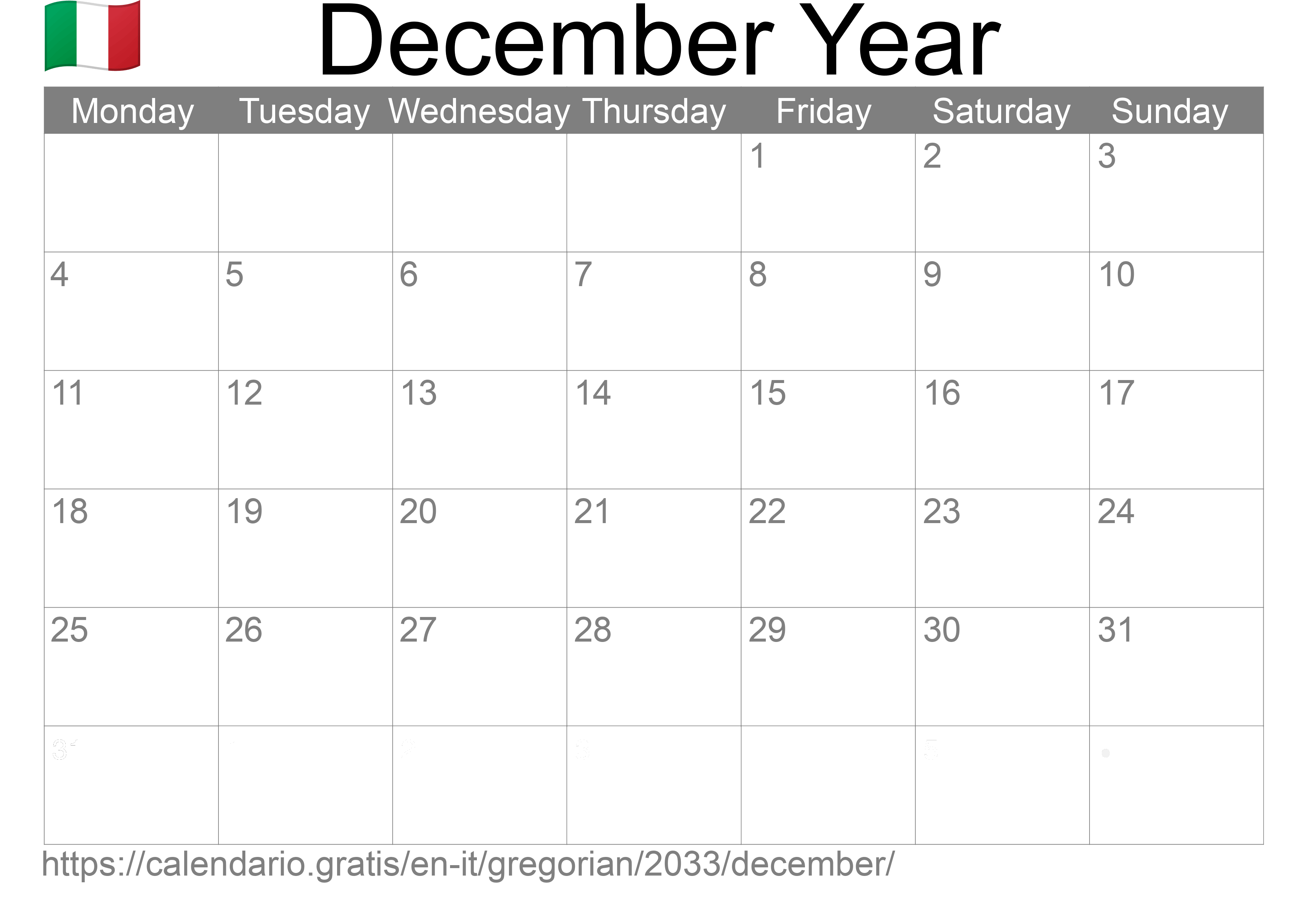 Calendar December 2033 to print