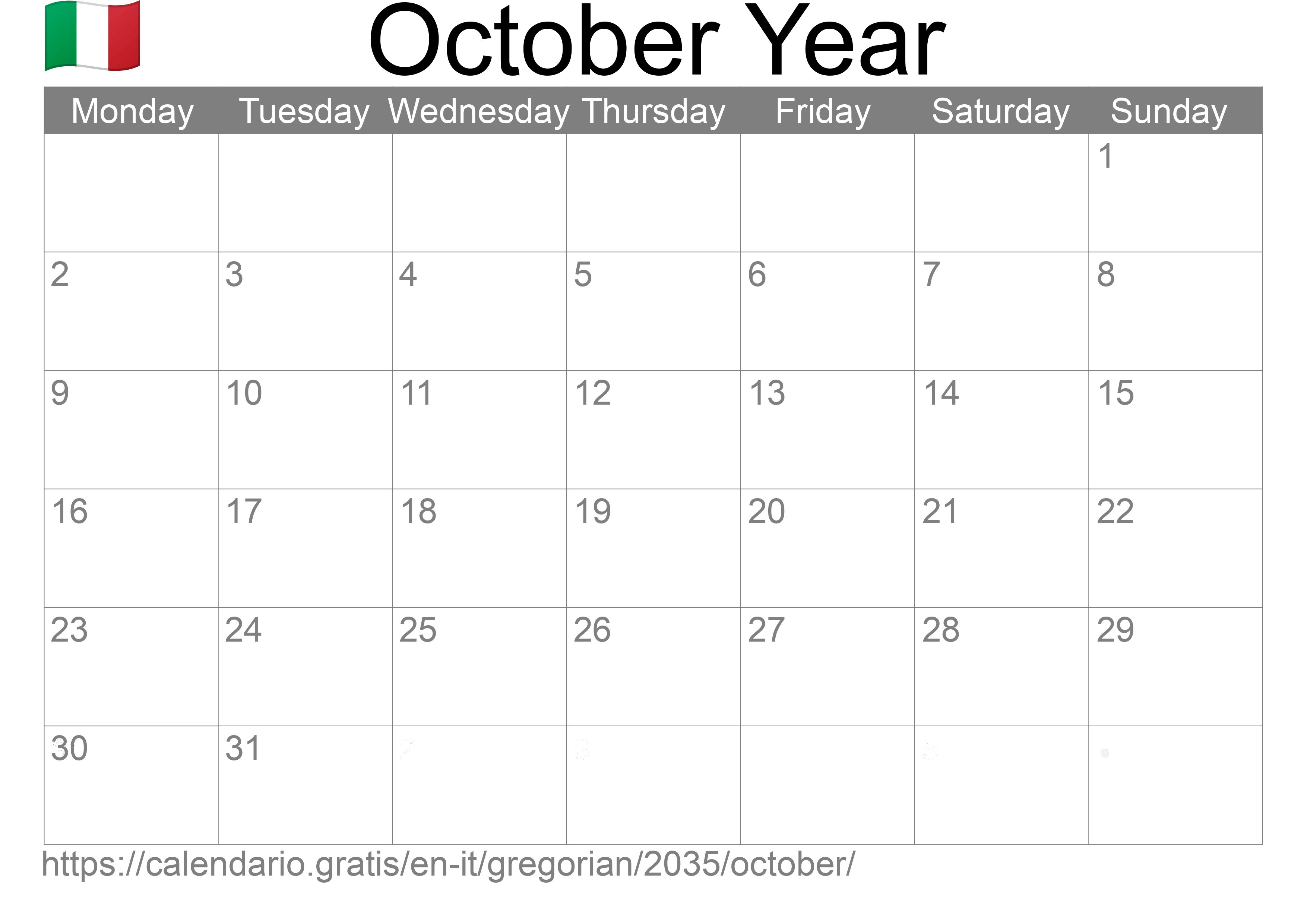 Calendar October 2035 to print