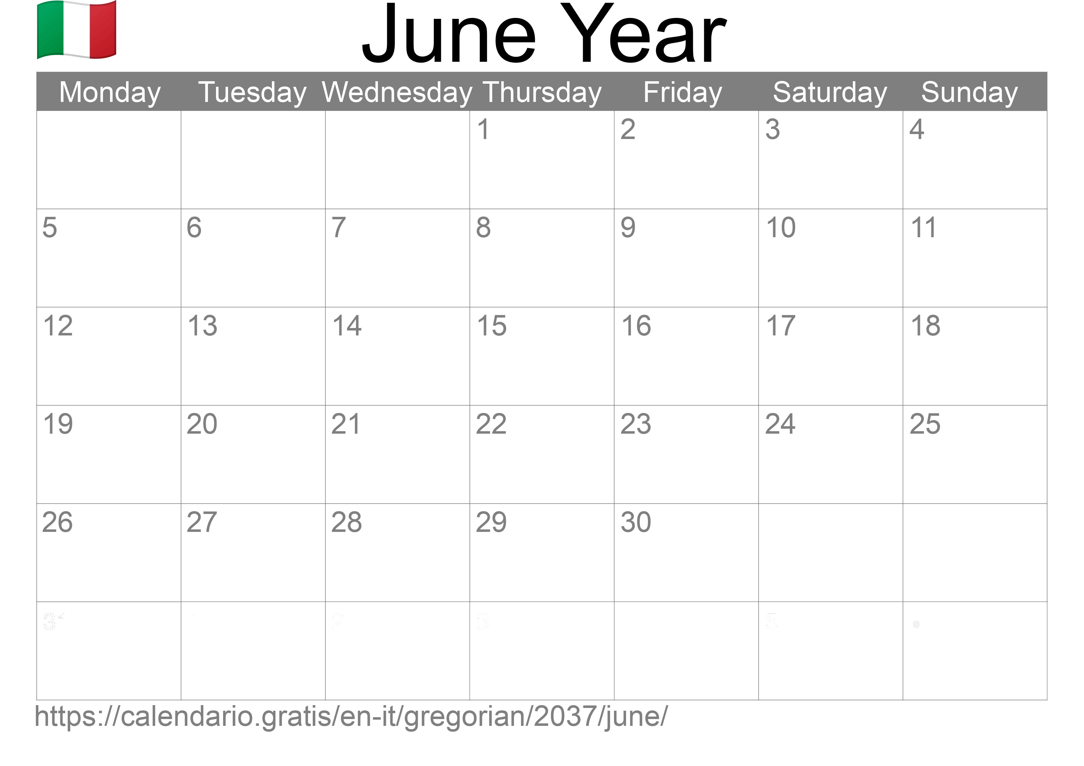 Calendar June 2037 to print