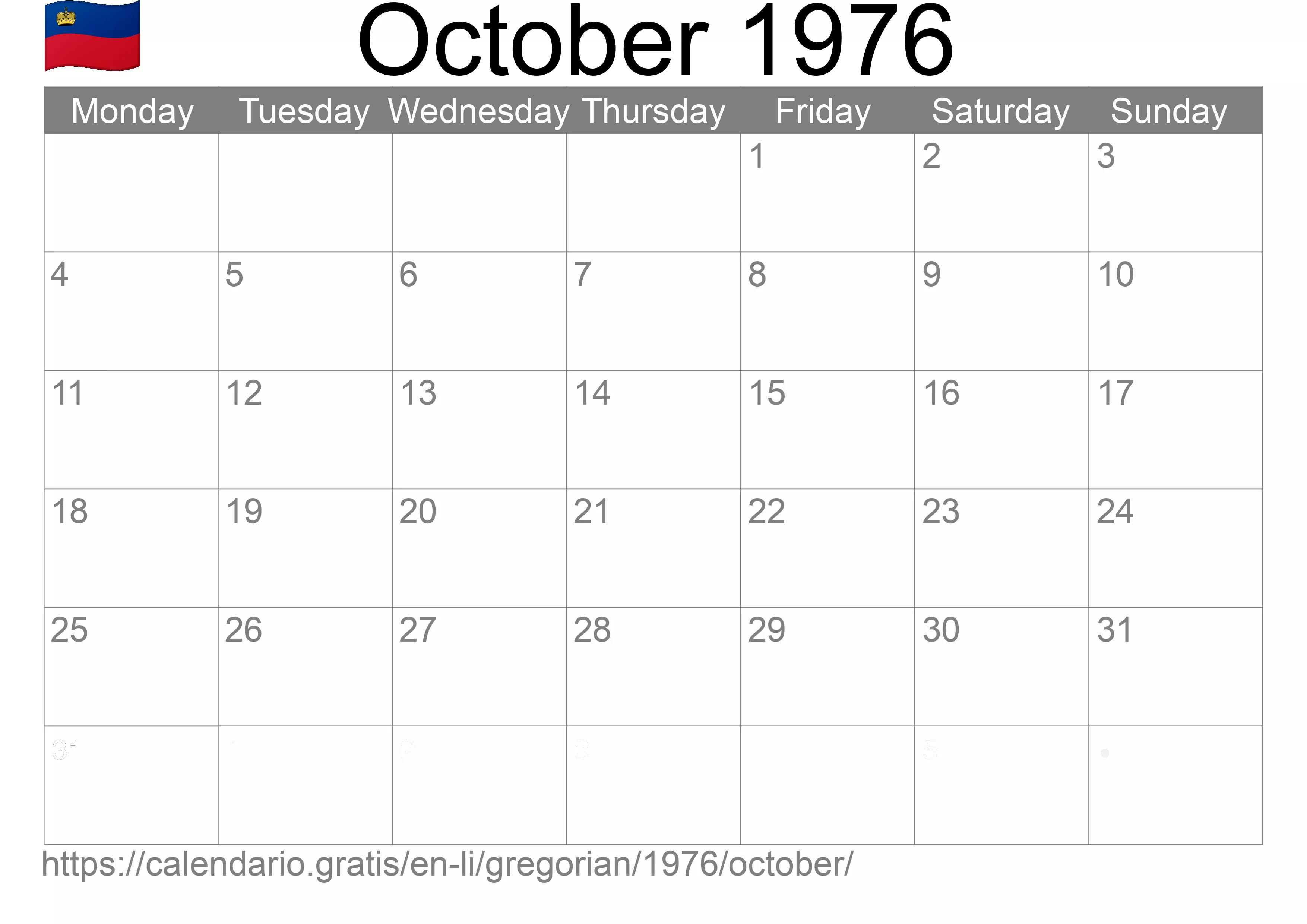 Calendar October 1976 to print (Liechtenstein) Calendar October 1976 to print (Liechtenstein)
